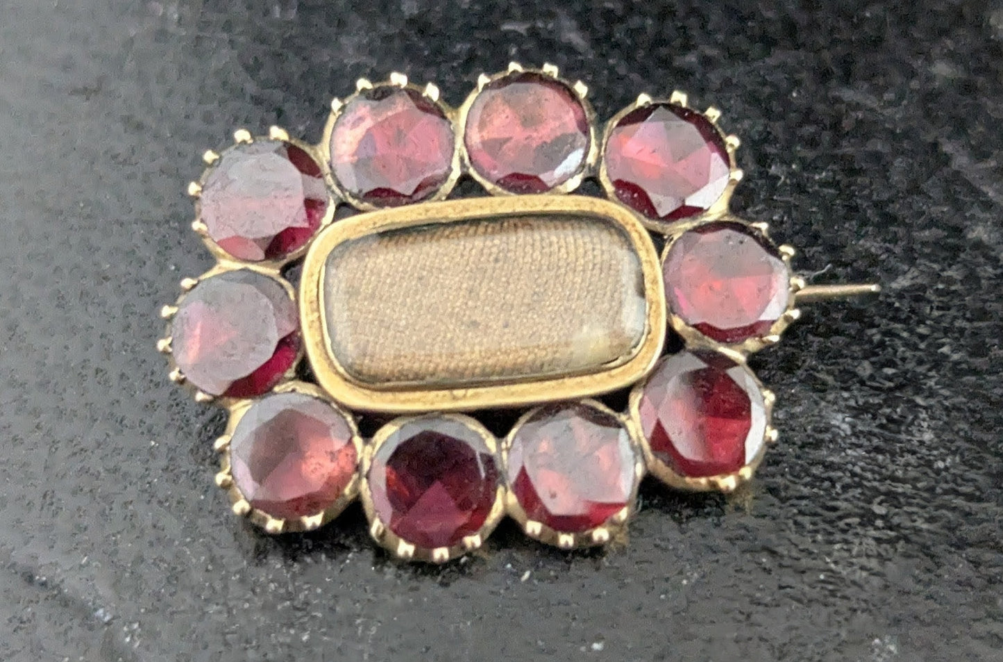 Antique Georgian Flat cut Garnet Mourning brooch, 9ct gold