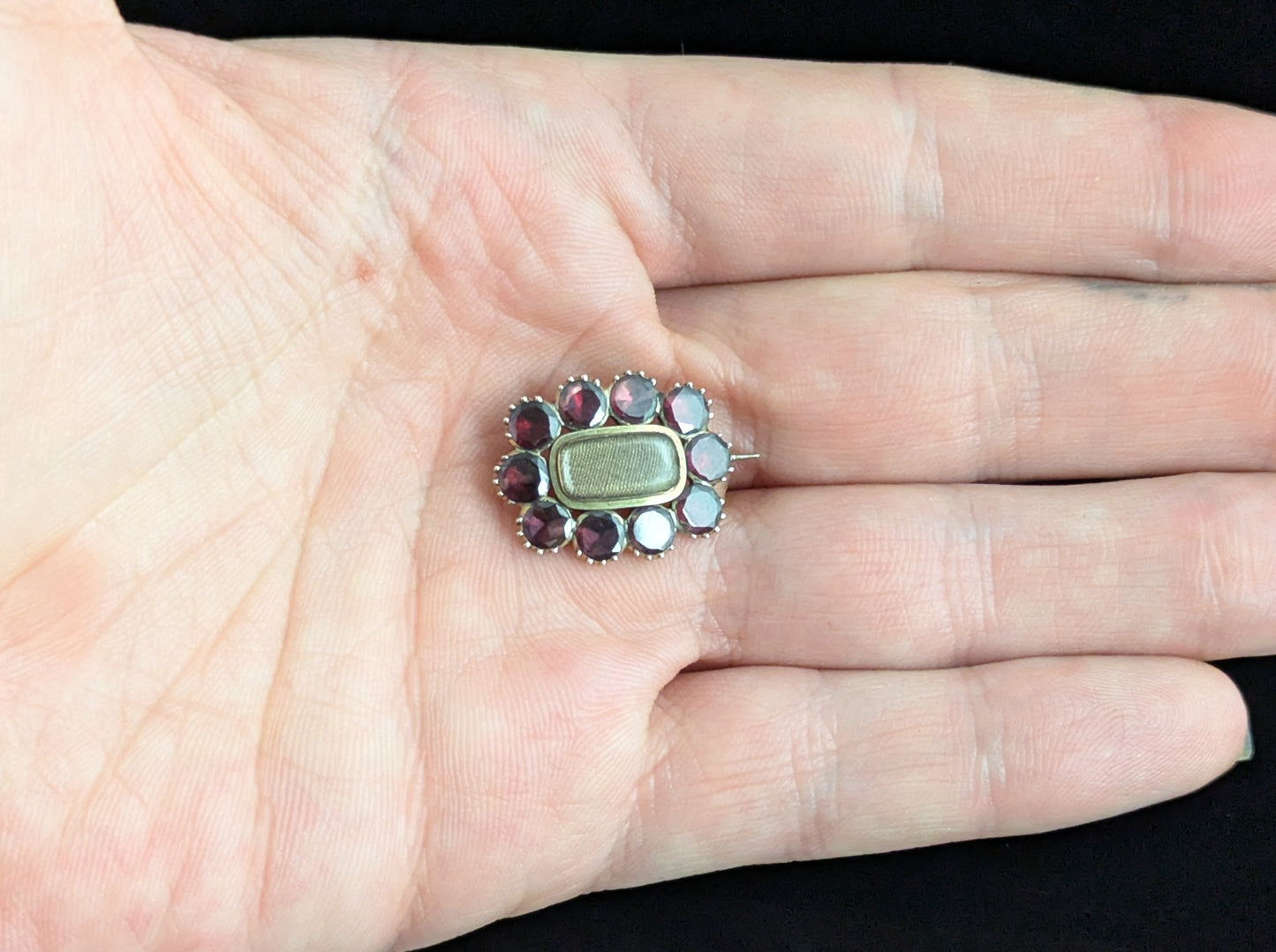 Antique Georgian Flat cut Garnet Mourning brooch, 9ct gold