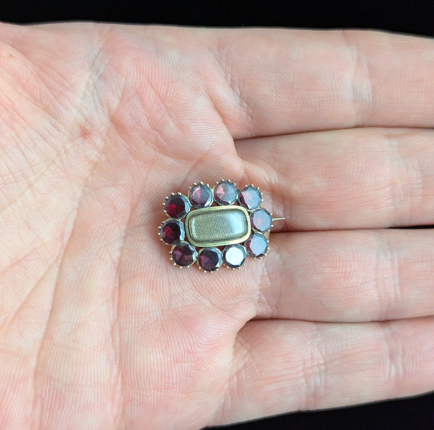 Antique Georgian Flat cut Garnet Mourning brooch, 9ct gold