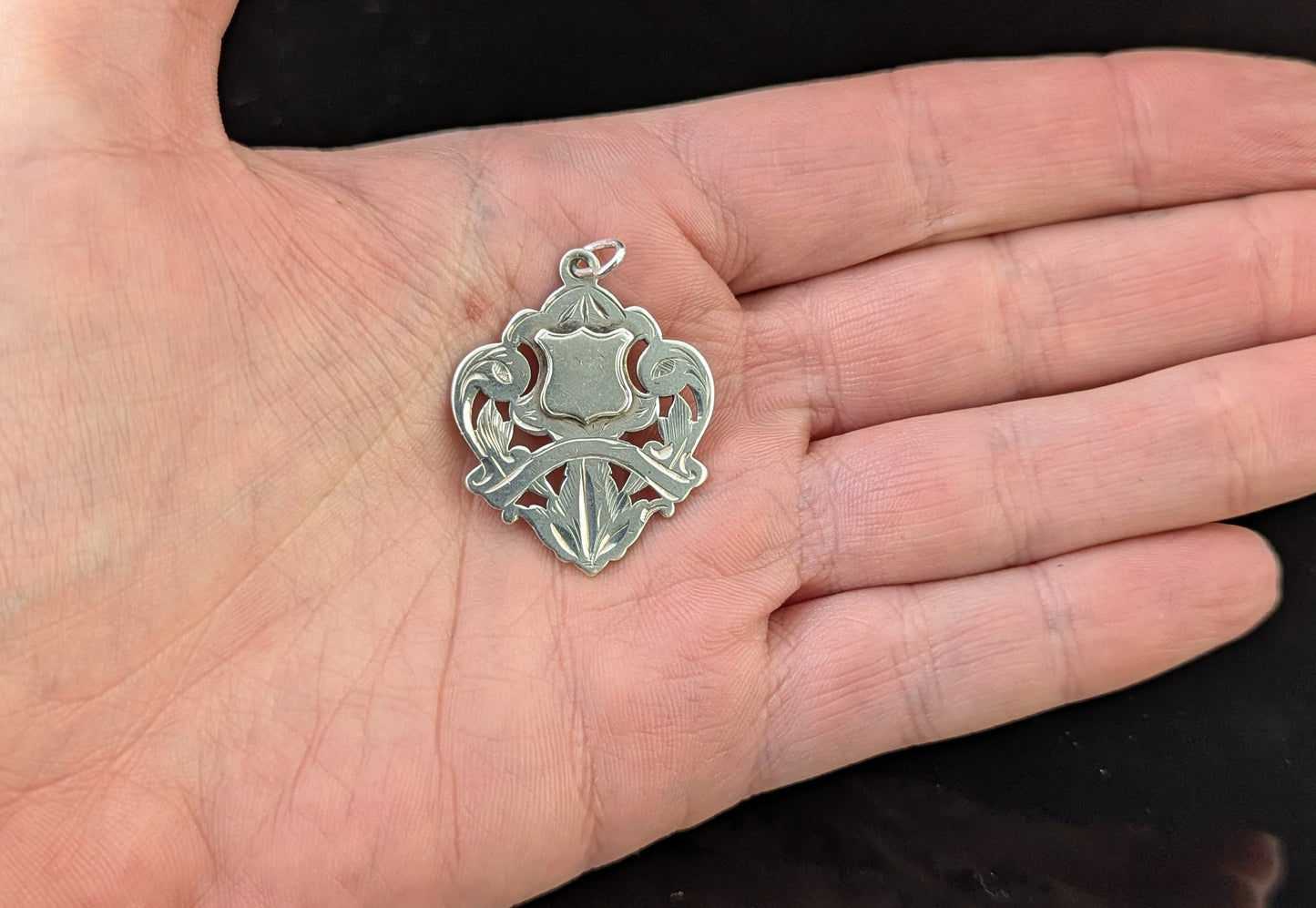 Antique sterling silver fob pendant, Shield shaped, Edwardian