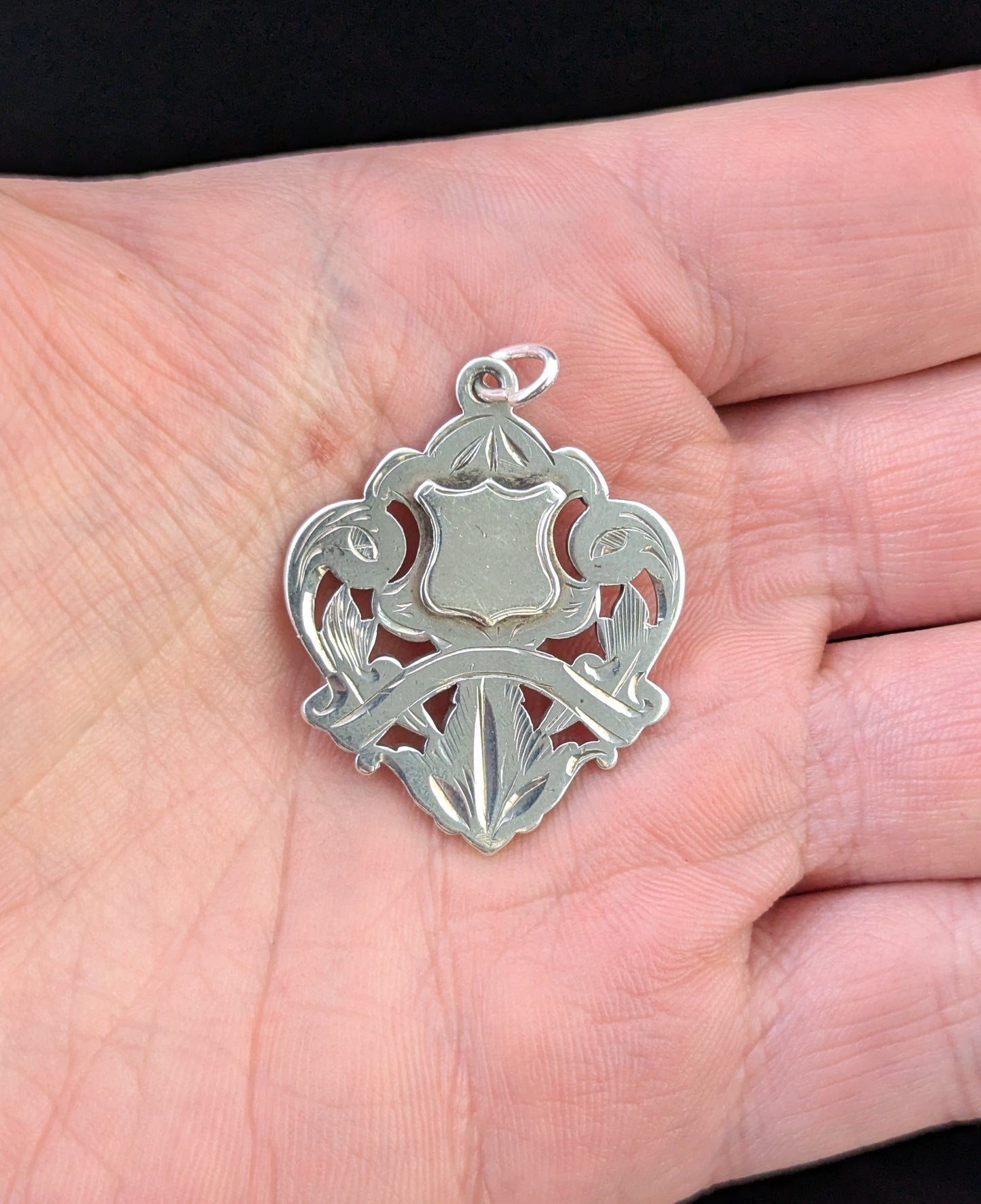 Antique sterling silver fob pendant, Shield shaped, Edwardian