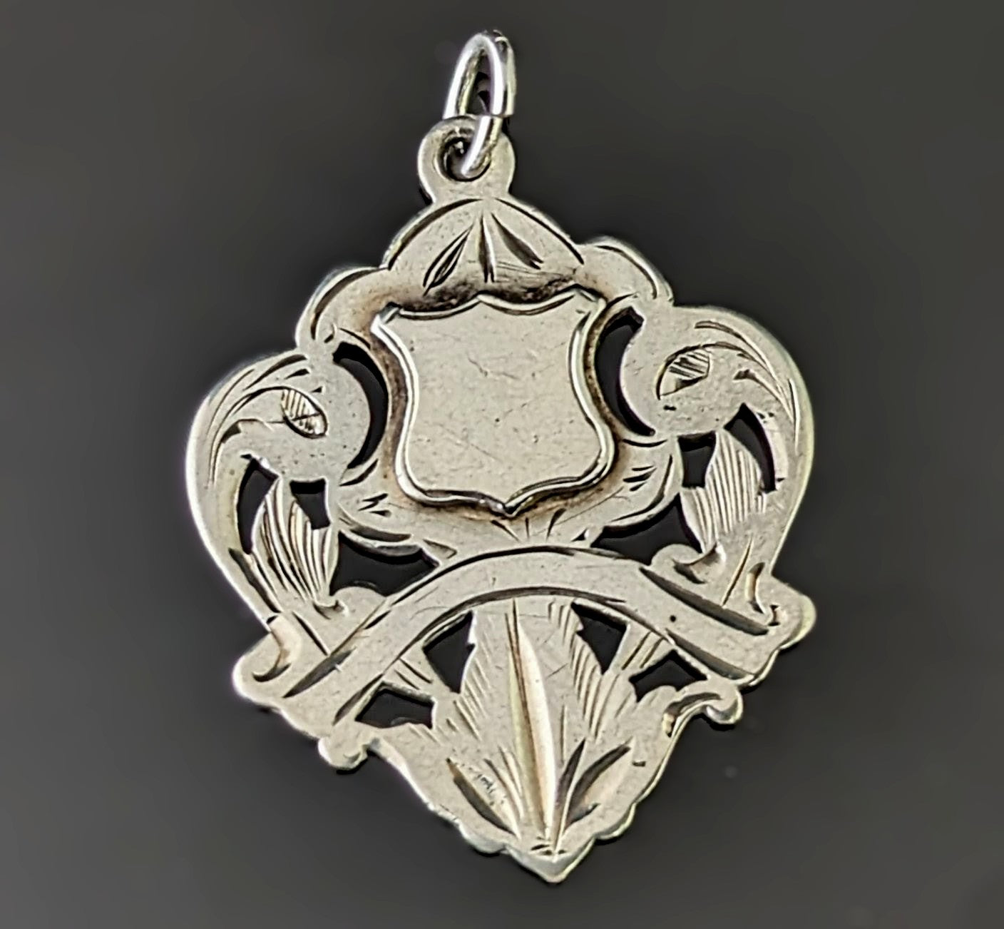 Antique sterling silver fob pendant, Shield shaped, Edwardian