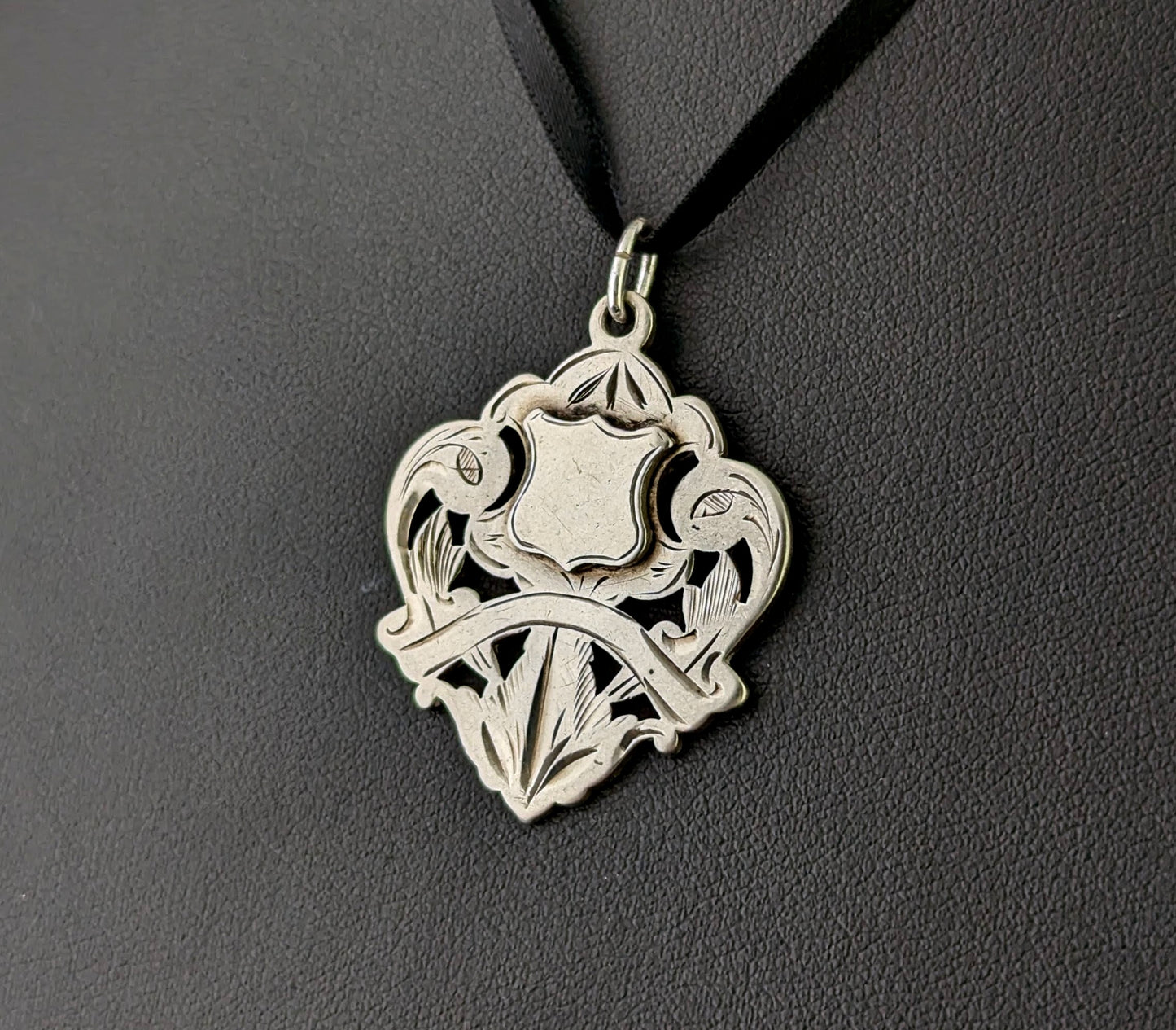 Antique sterling silver fob pendant, Shield shaped, Edwardian