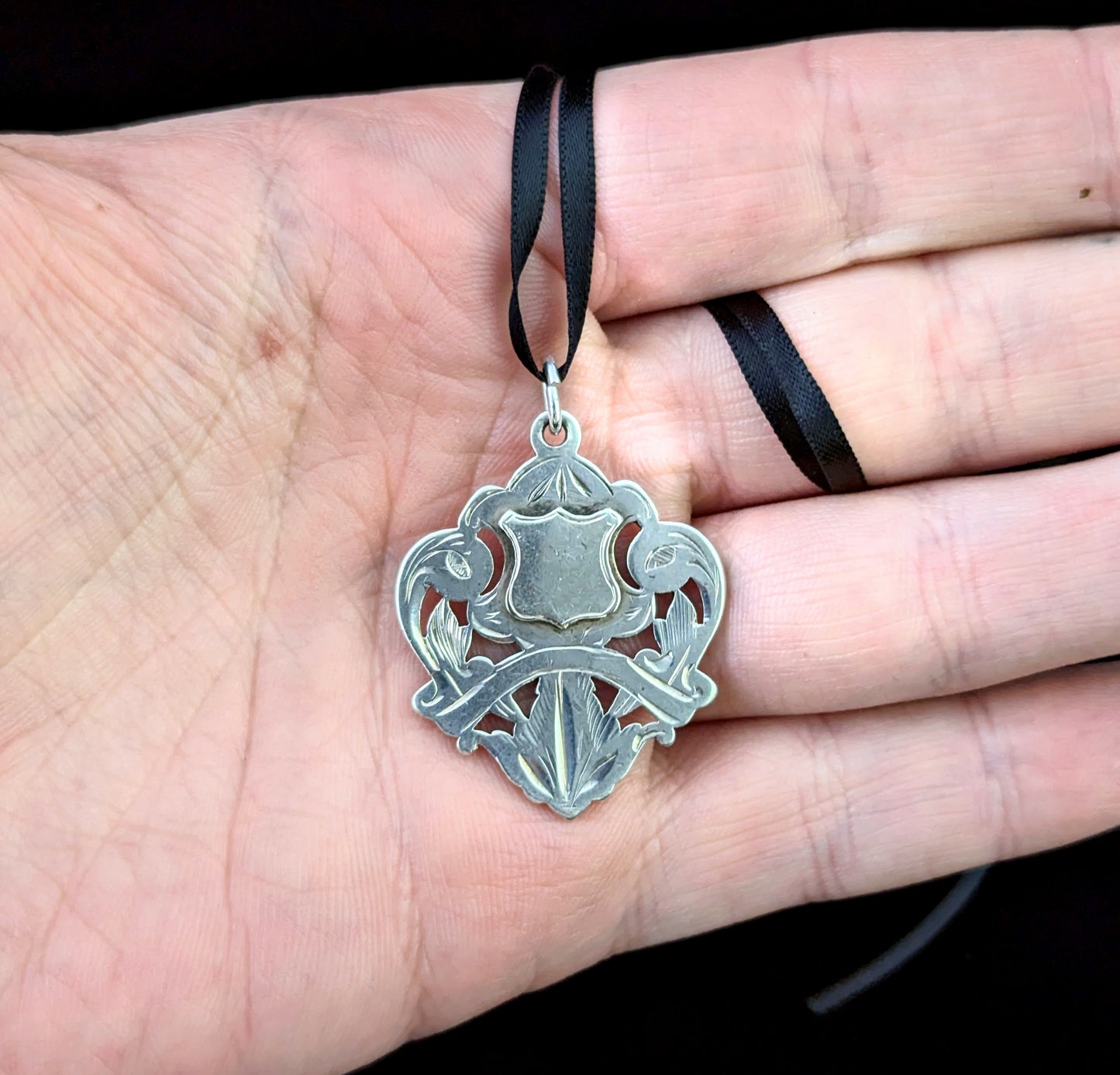 Antique sterling silver fob pendant, Shield shaped, Edwardian