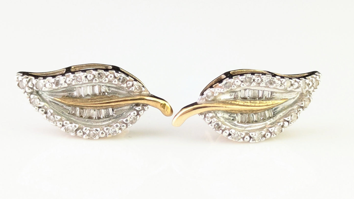 Vintage Diamond leaf stud earrings, 9ct gold