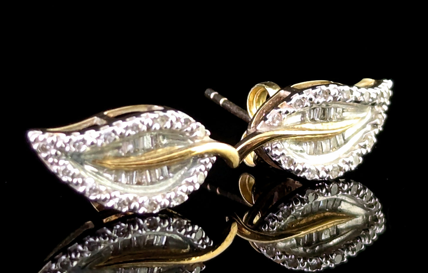 Vintage Diamond leaf stud earrings, 9ct gold