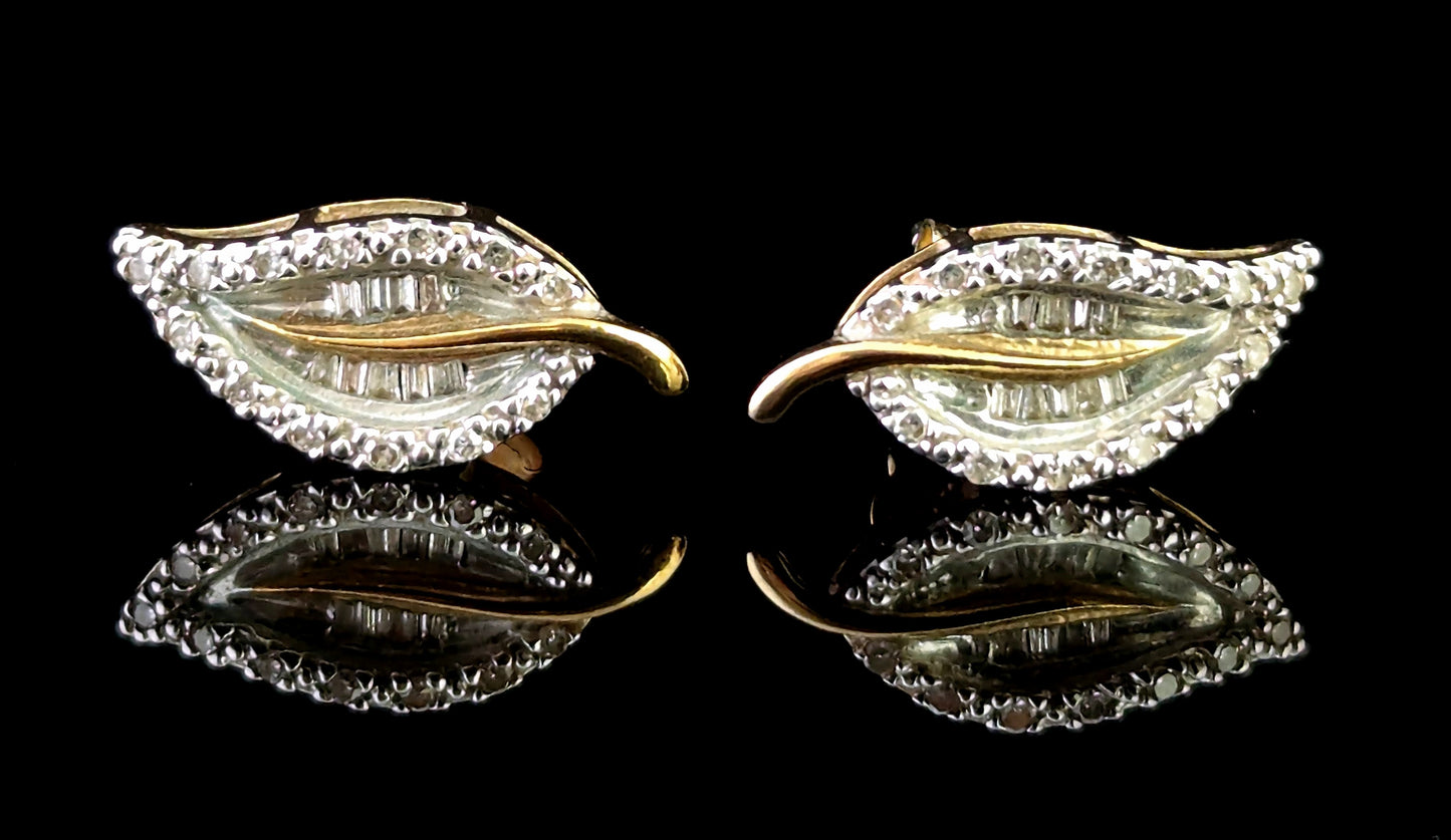 Vintage Diamond leaf stud earrings, 9ct gold