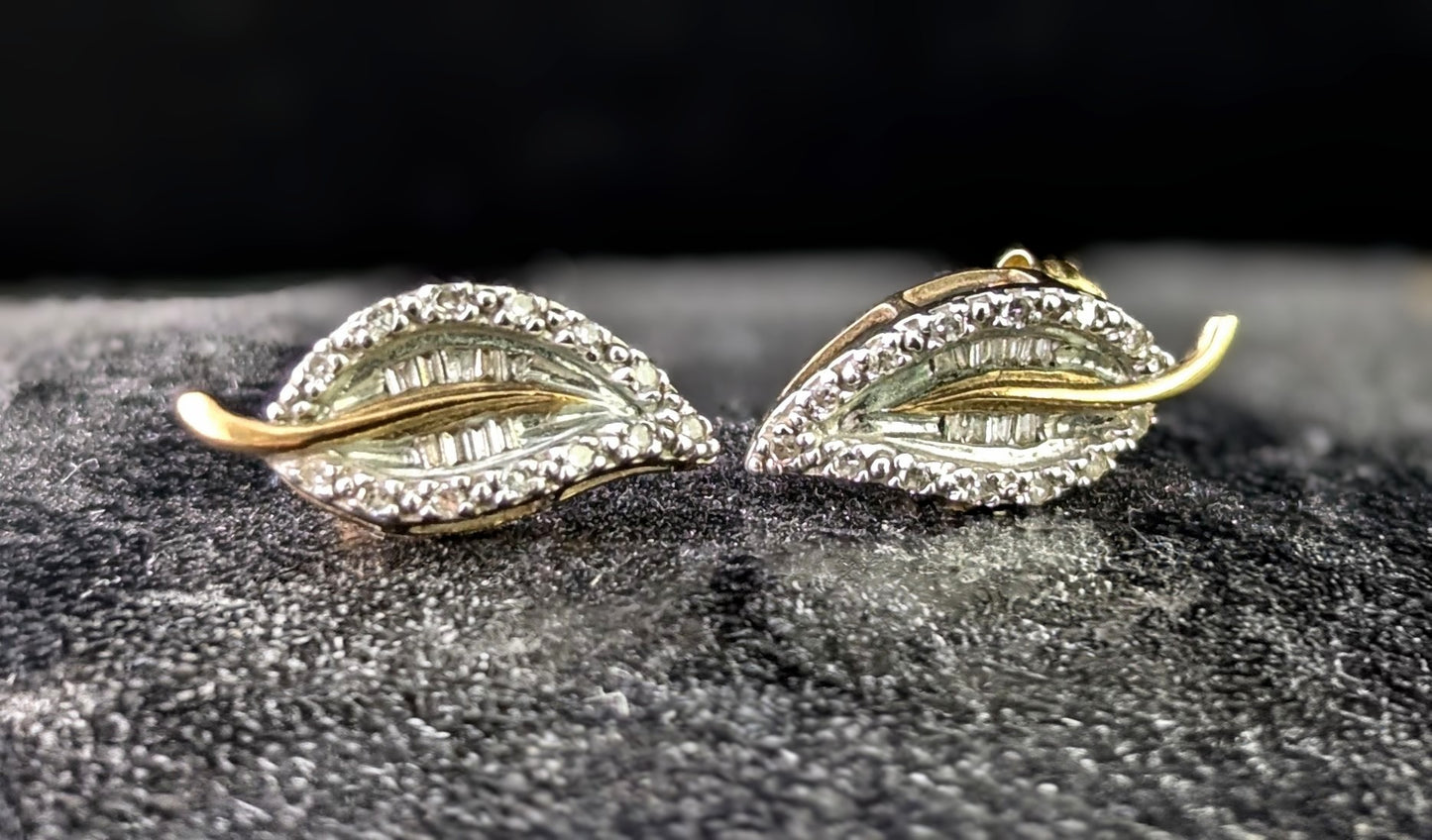 Vintage Diamond leaf stud earrings, 9ct gold