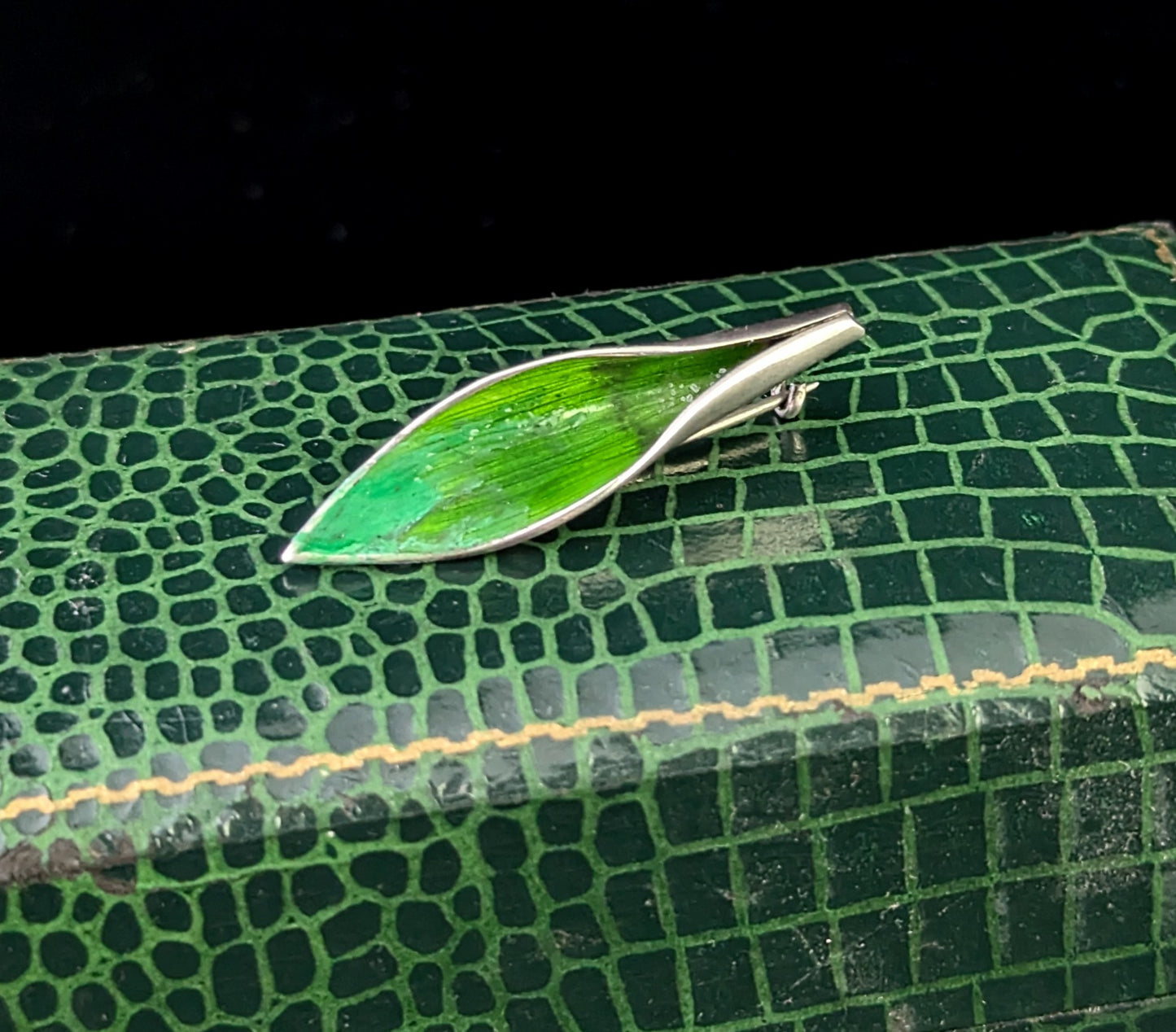 Vintage sterling silver and enamel leaf brooch, Lily of the Valley