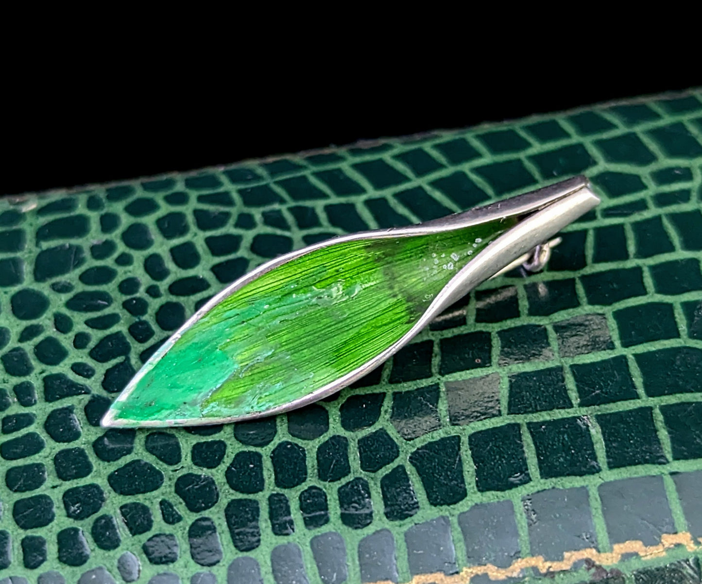 Vintage sterling silver and enamel leaf brooch, Lily of the Valley