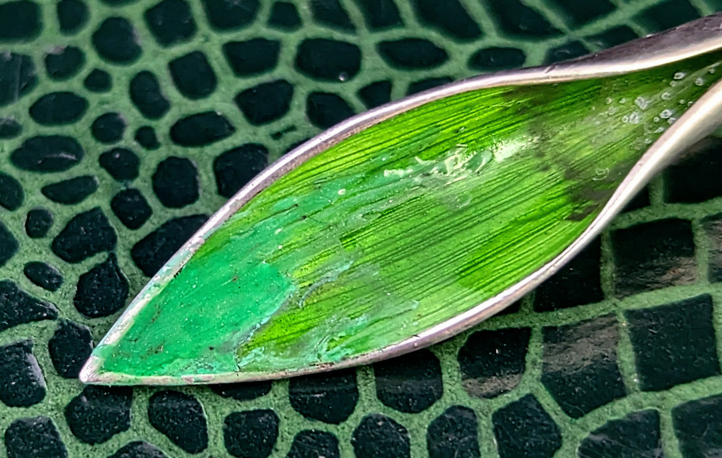 Vintage sterling silver and enamel leaf brooch, Lily of the Valley