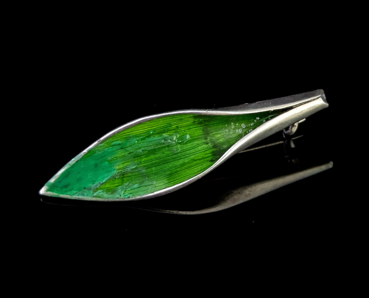Vintage sterling silver and enamel leaf brooch, Lily of the Valley
