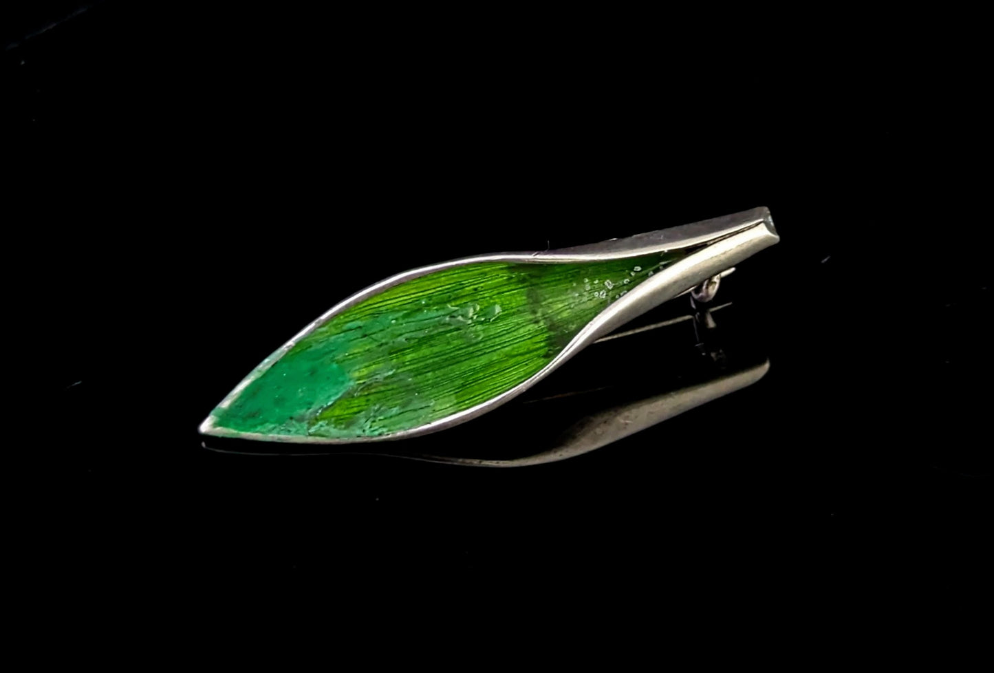 Vintage sterling silver and enamel leaf brooch, Lily of the Valley