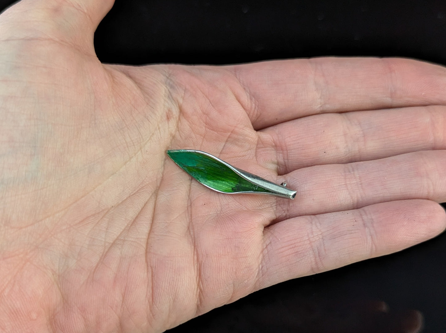 Vintage sterling silver and enamel leaf brooch, Lily of the Valley