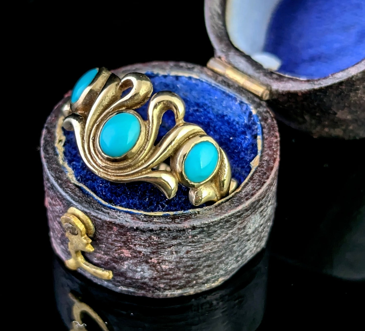 Vintage Turquoise cabochon dress ring, 9ct yellow gold scrolls