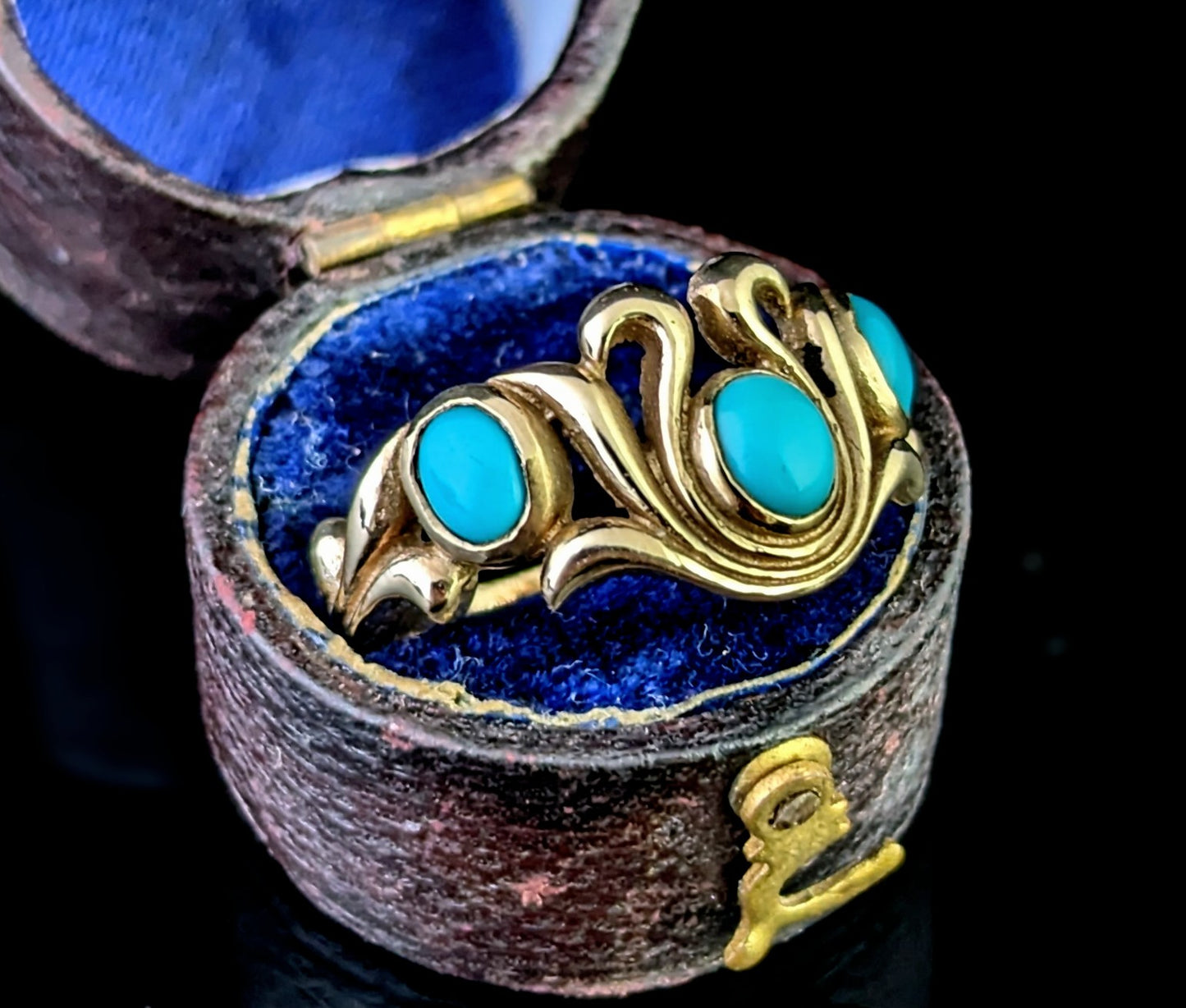 Vintage Turquoise cabochon dress ring, 9ct yellow gold scrolls