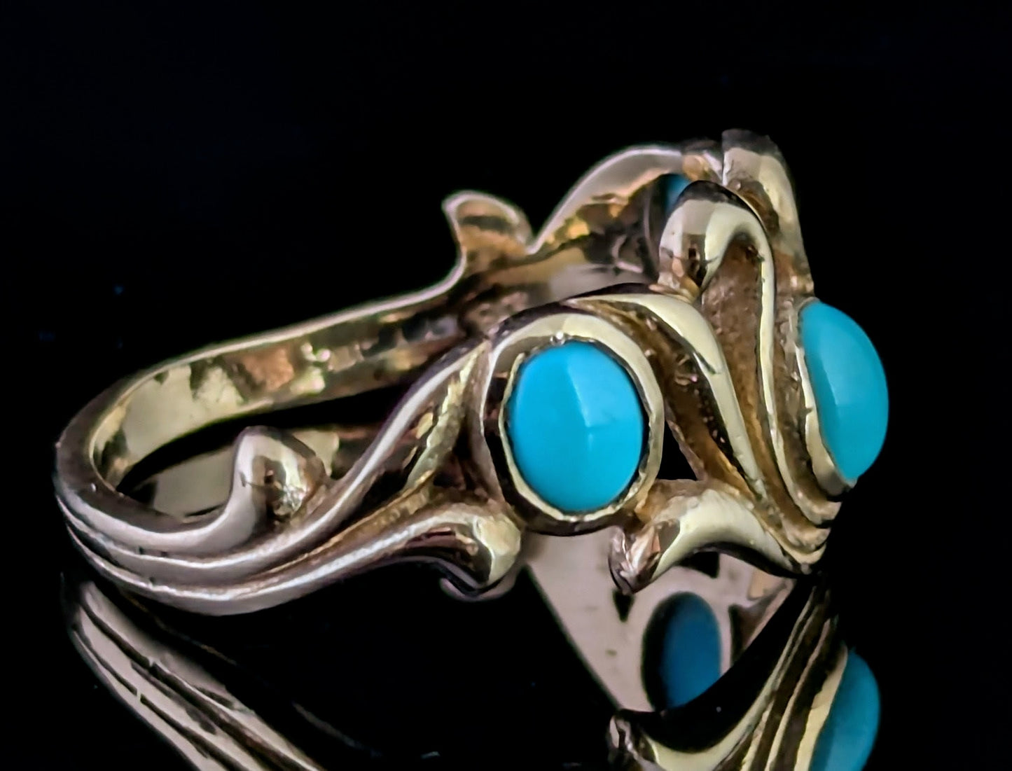Vintage Turquoise cabochon dress ring, 9ct yellow gold scrolls