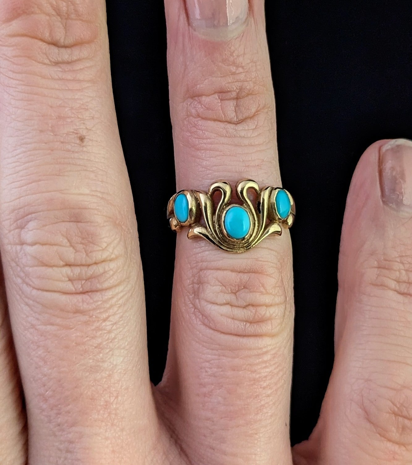 Vintage Turquoise cabochon dress ring, 9ct yellow gold scrolls