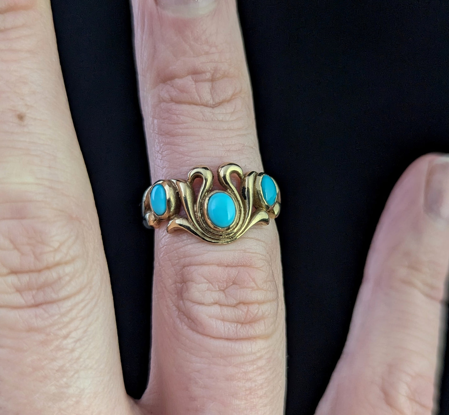Vintage Turquoise cabochon dress ring, 9ct yellow gold scrolls