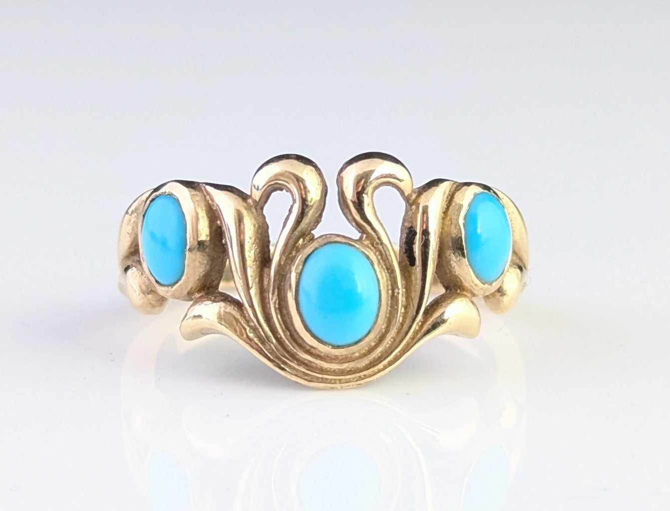 Vintage Turquoise cabochon dress ring, 9ct yellow gold scrolls
