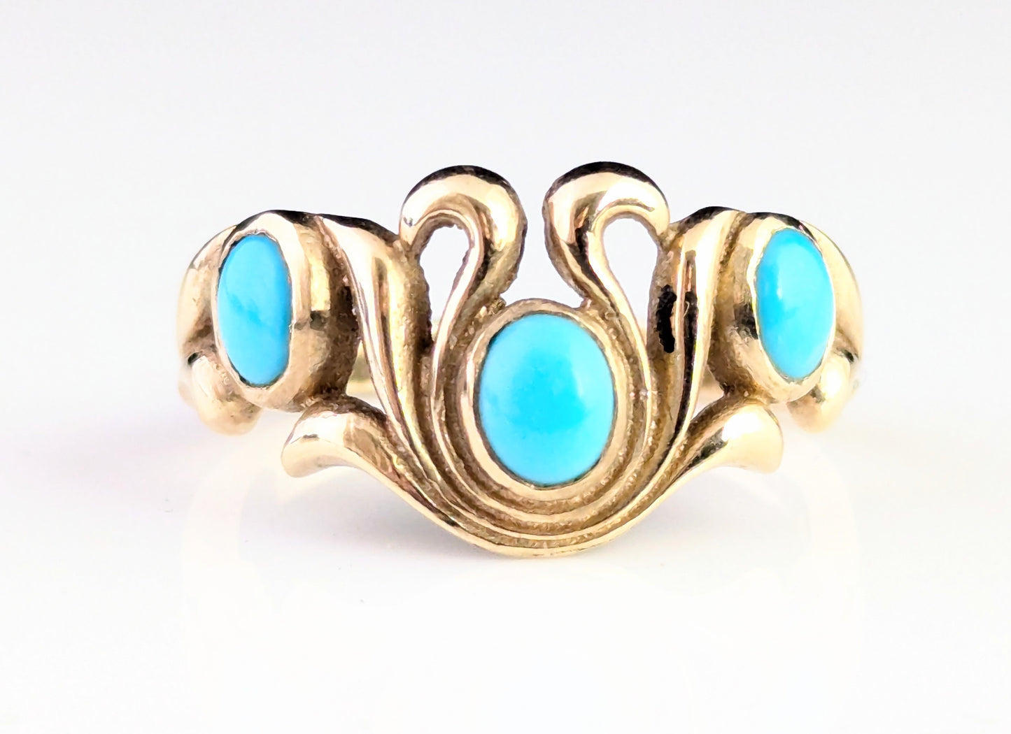 Vintage Turquoise cabochon dress ring, 9ct yellow gold scrolls