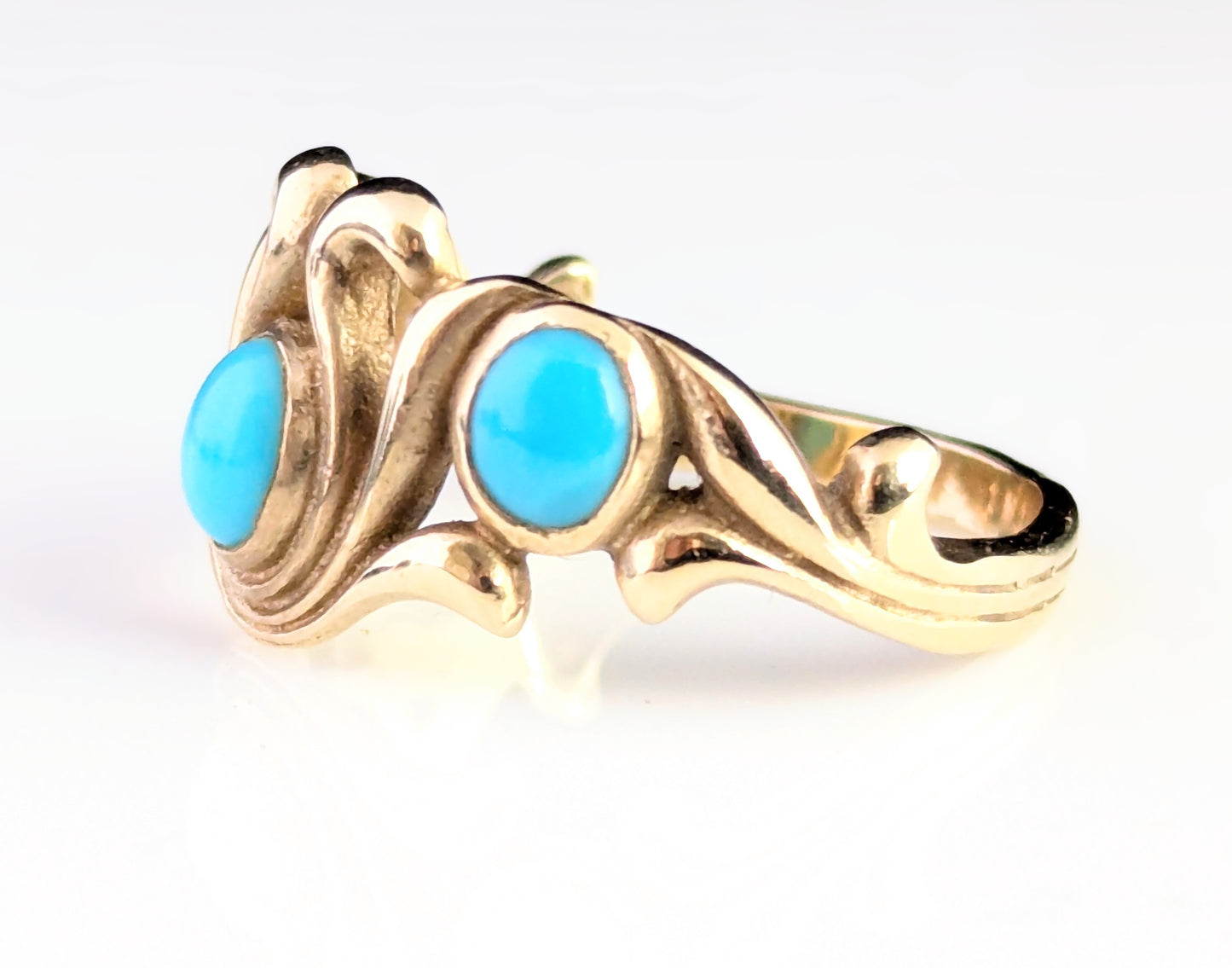 Vintage Turquoise cabochon dress ring, 9ct yellow gold scrolls