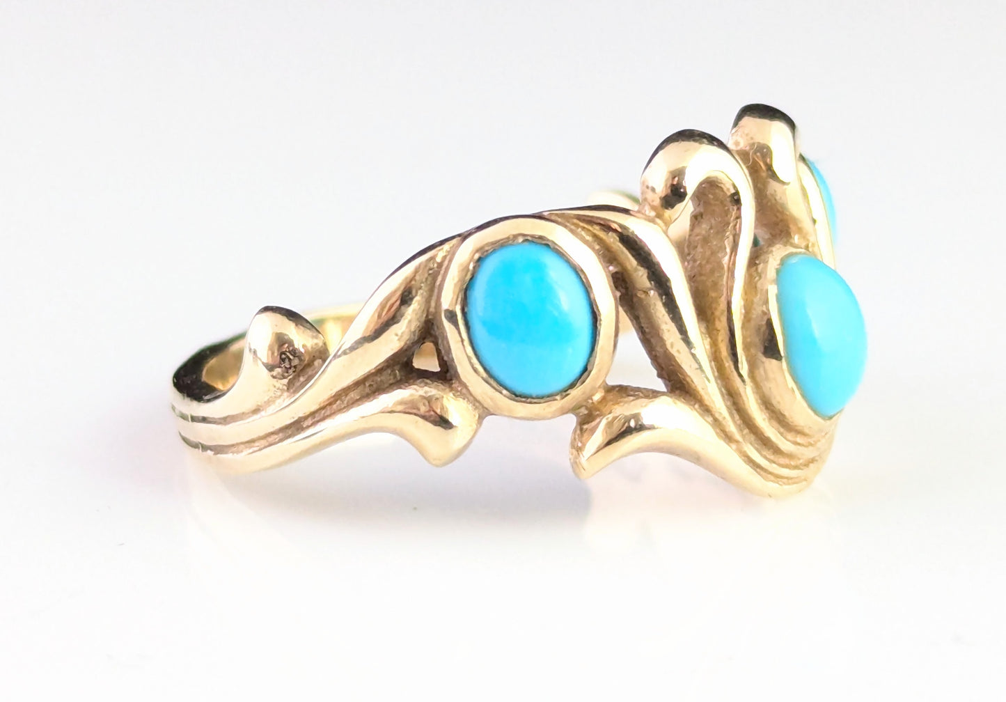 Vintage Turquoise cabochon dress ring, 9ct yellow gold scrolls