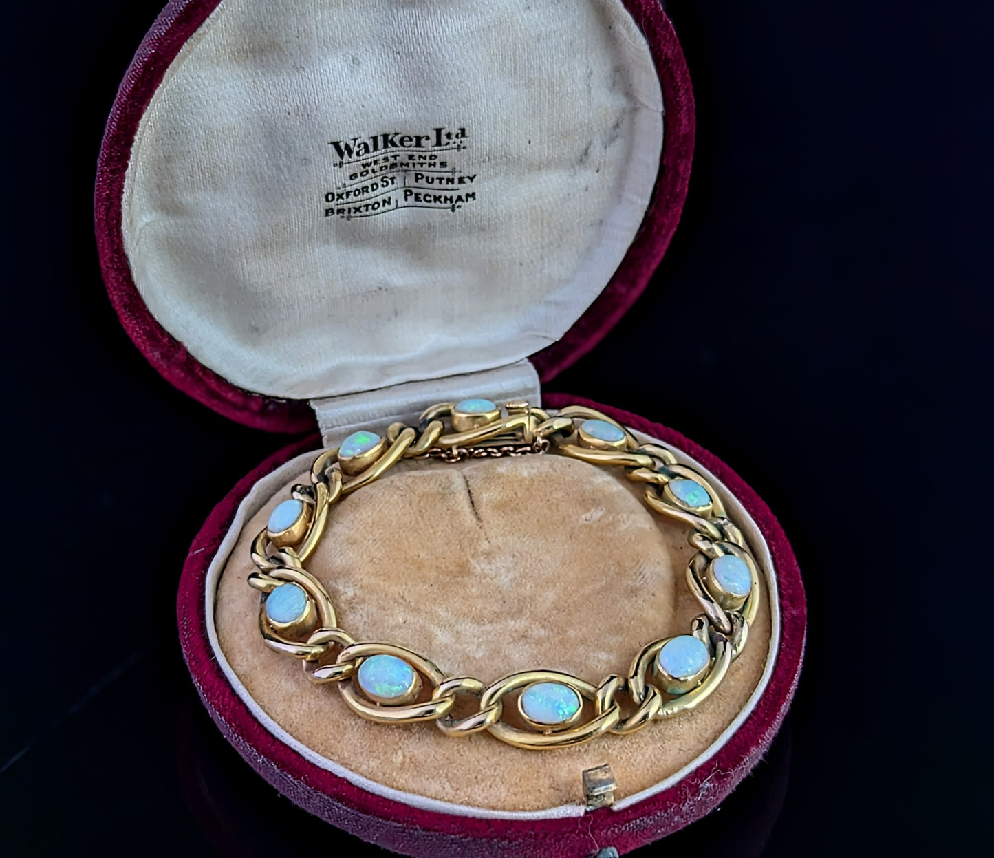 Antique Opal bracelet, 15ct yellow gold curb link chain, Boxed