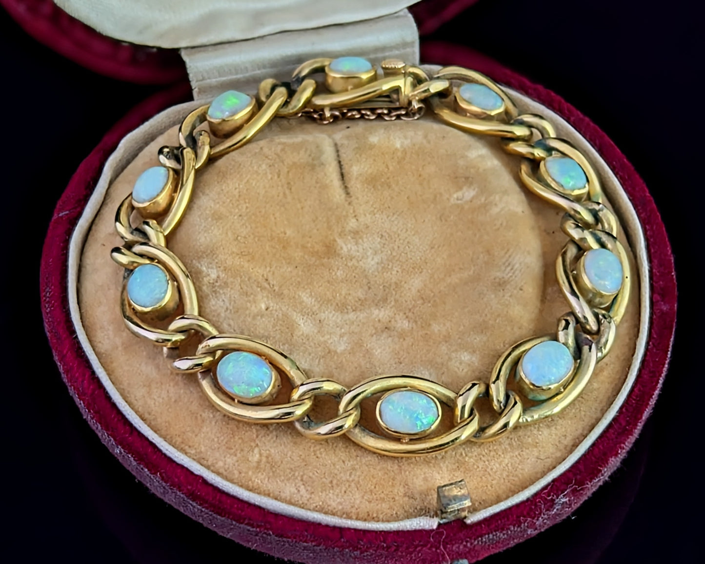 Antique Opal bracelet, 15ct yellow gold curb link chain, Boxed