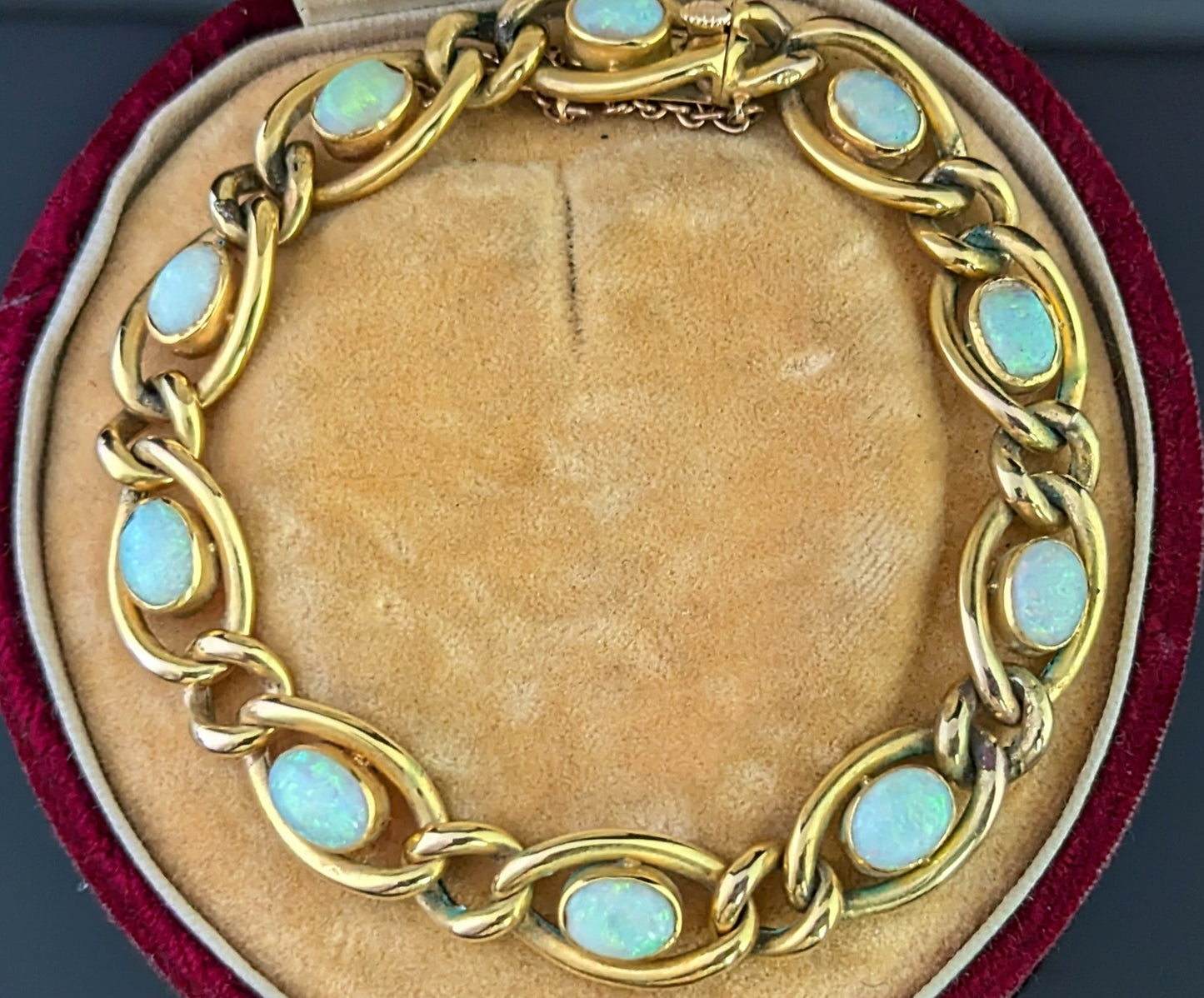 Antique Opal bracelet, 15ct yellow gold curb link chain, Boxed