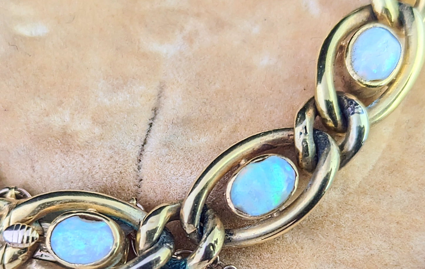 Antique Opal bracelet, 15ct yellow gold curb link chain, Boxed
