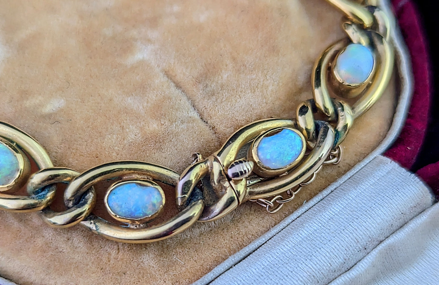 Antique Opal bracelet, 15ct yellow gold curb link chain, Boxed