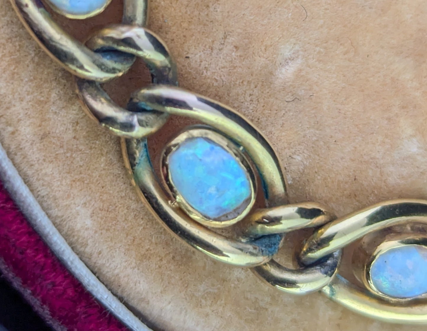 Antique Opal bracelet, 15ct yellow gold curb link chain, Boxed