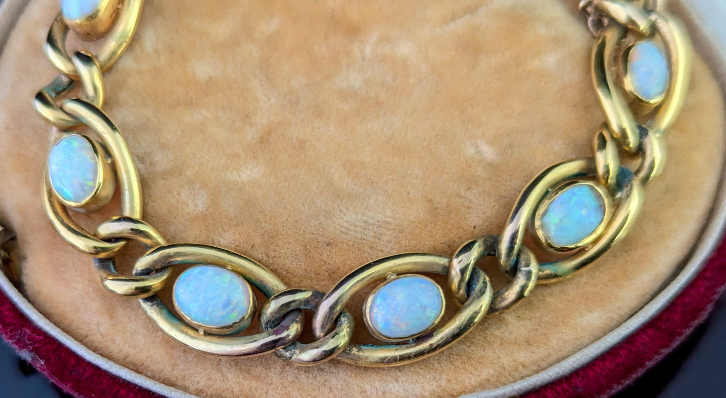 Antique Opal bracelet, 15ct yellow gold curb link chain, Boxed