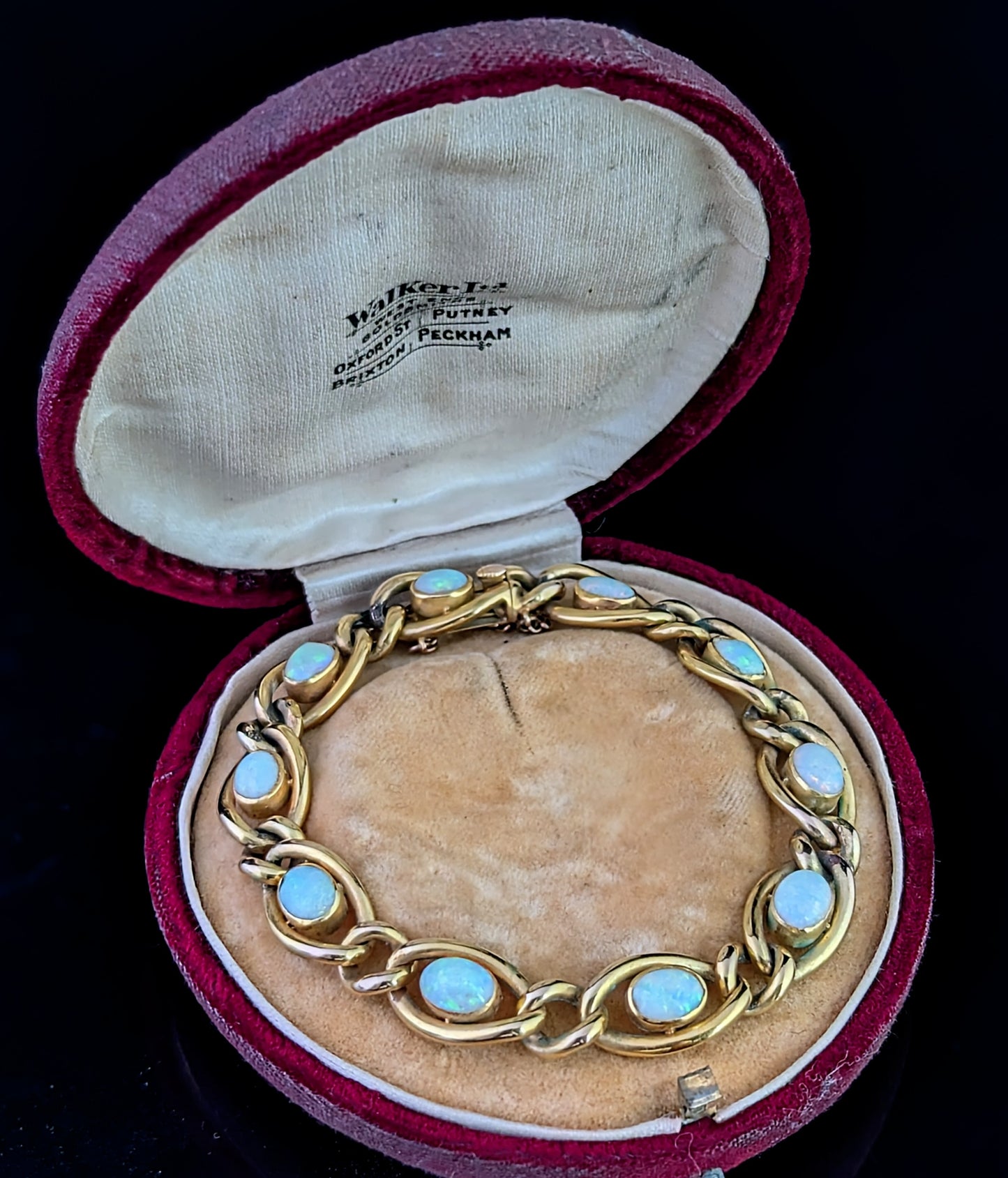 Antique Opal bracelet, 15ct yellow gold curb link chain, Boxed