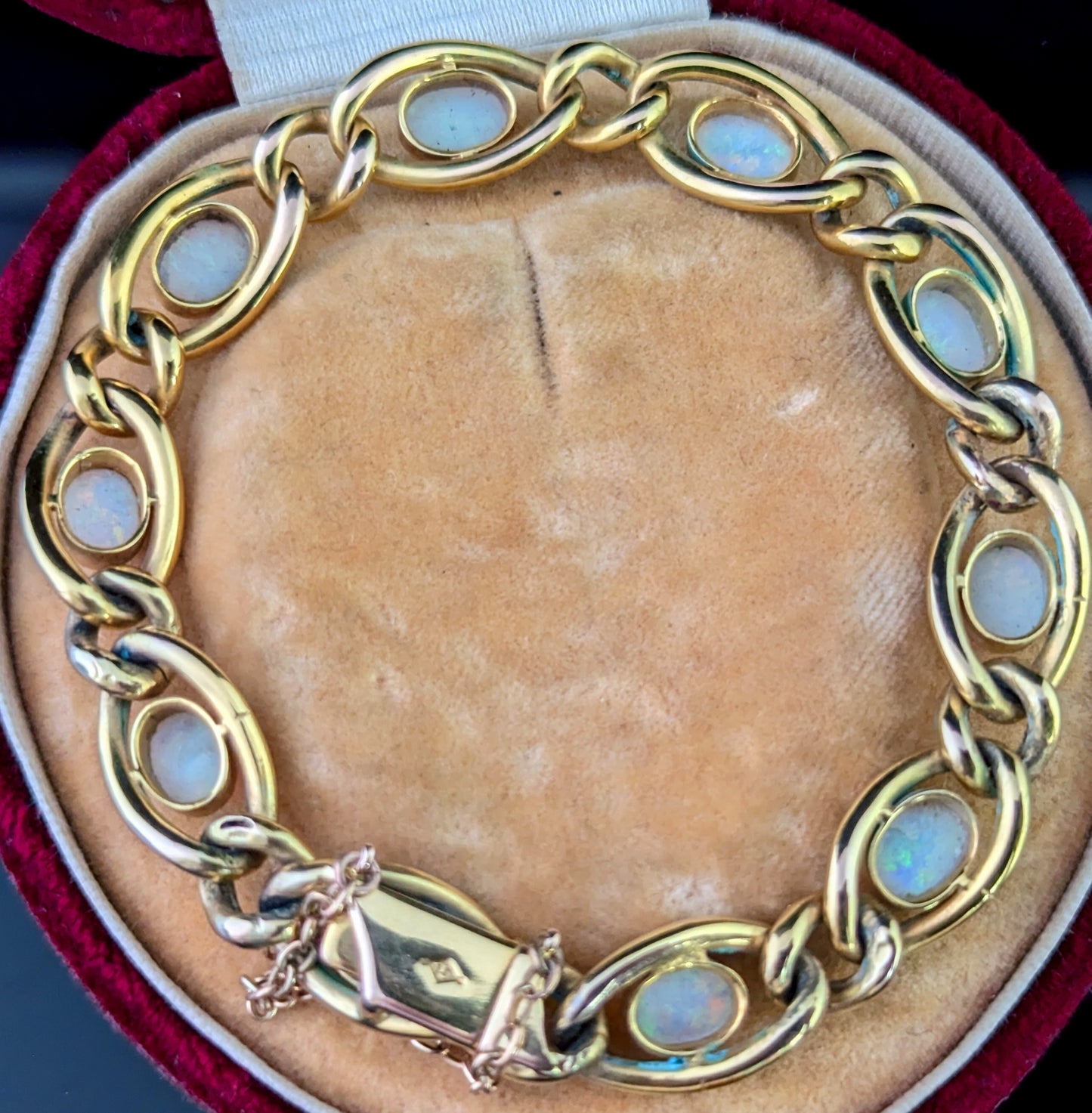 Antique Opal bracelet, 15ct yellow gold curb link chain, Boxed