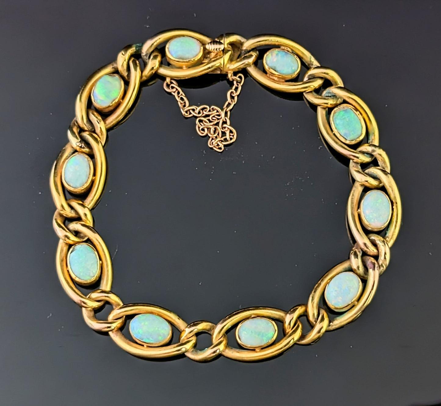 Antique Opal bracelet, 15ct yellow gold curb link chain, Boxed
