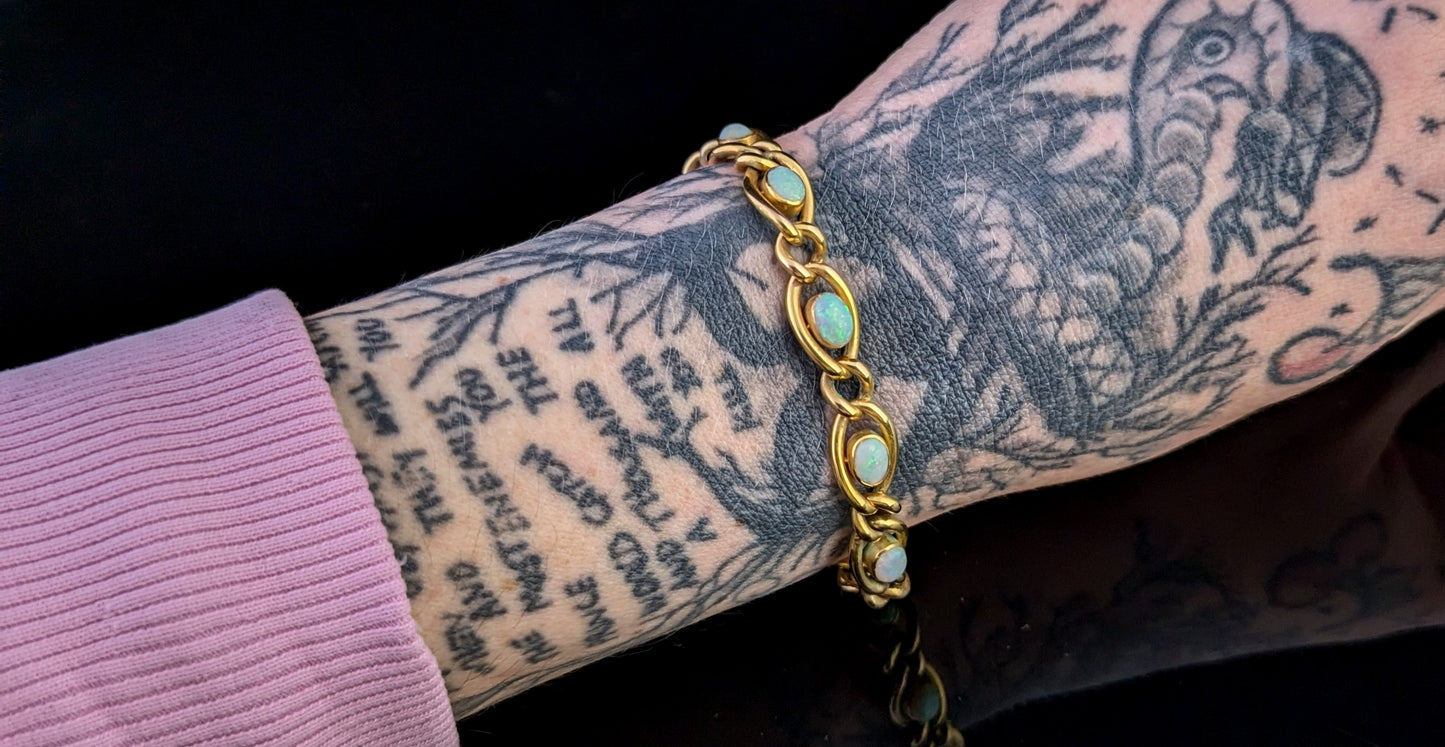 Antique Opal bracelet, 15ct yellow gold curb link chain, Boxed