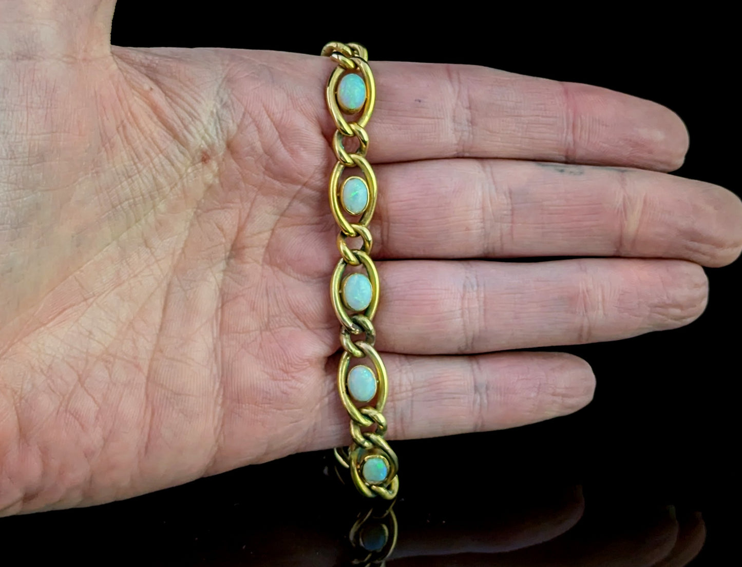 Antique Opal bracelet, 15ct yellow gold curb link chain, Boxed