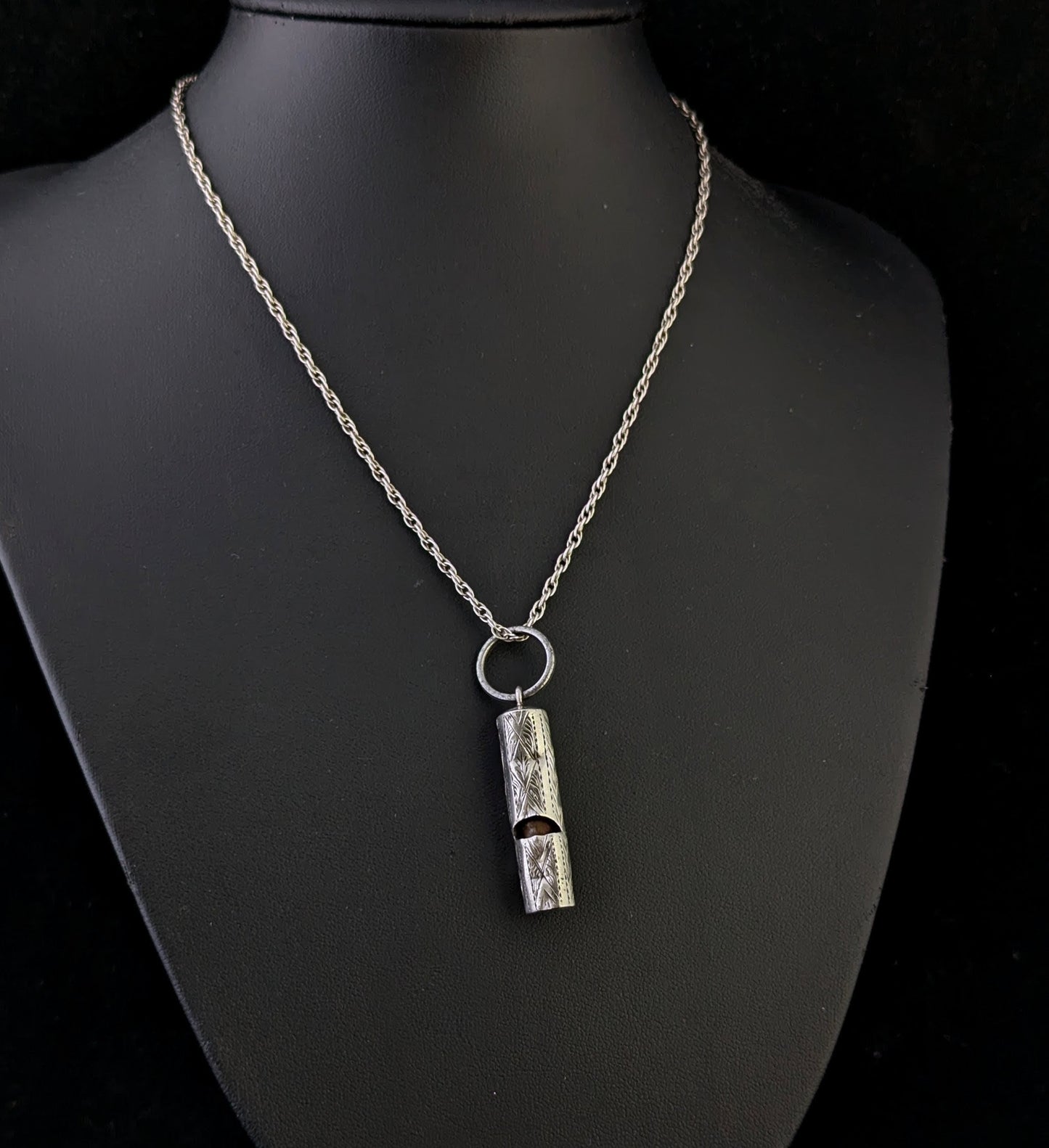 Antique sterling silver whistle pendant, Rope twist chain necklace