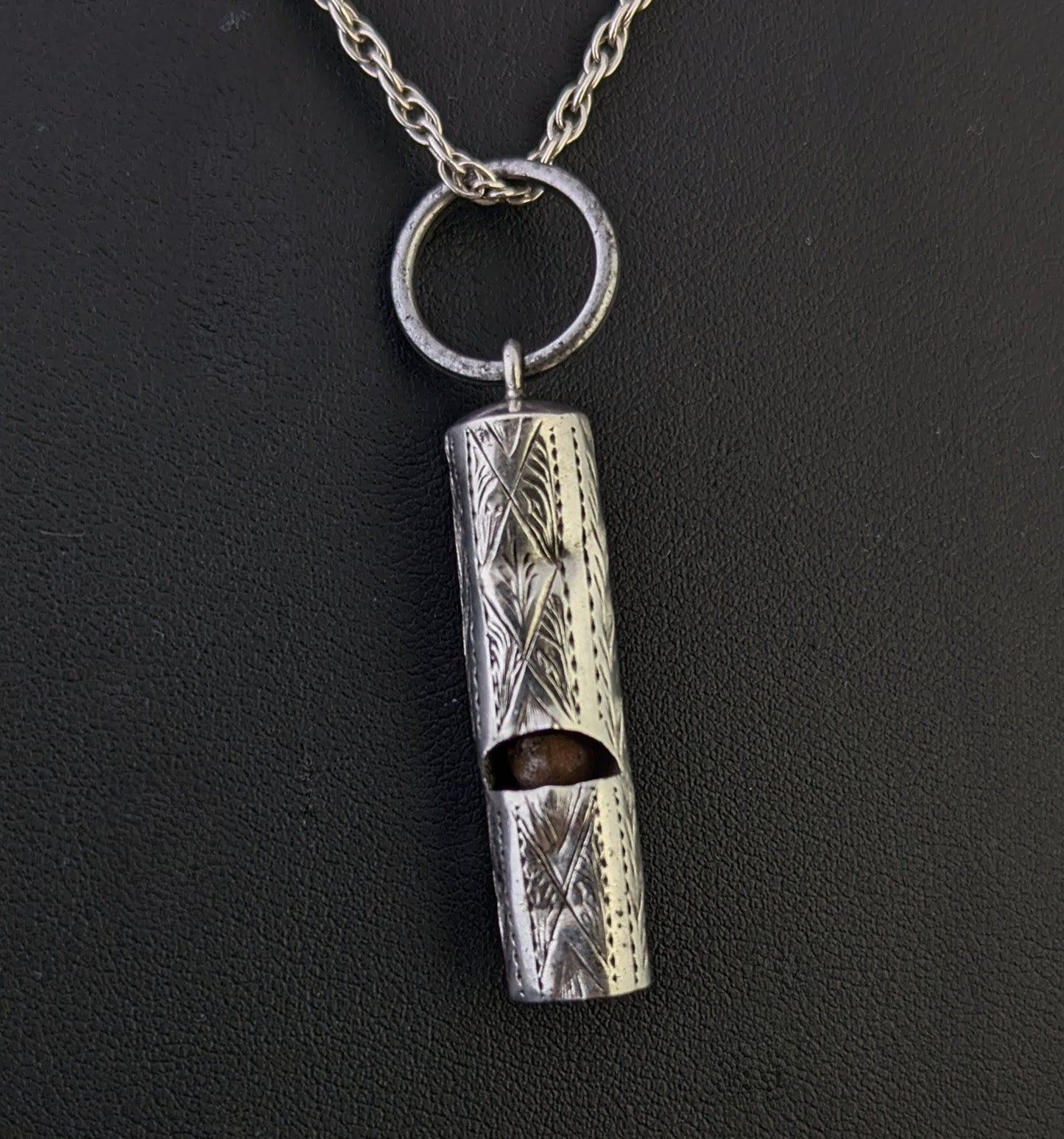Antique sterling silver whistle pendant, Rope twist chain necklace