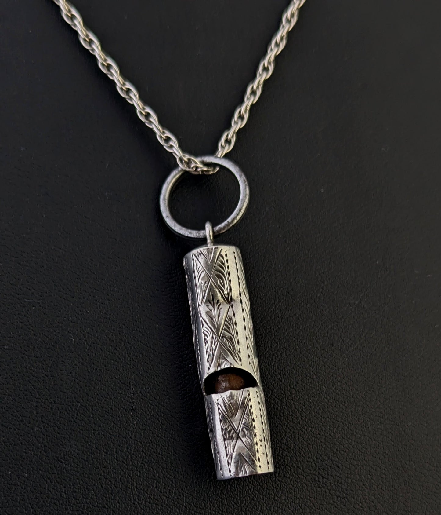 Antique sterling silver whistle pendant, Rope twist chain necklace