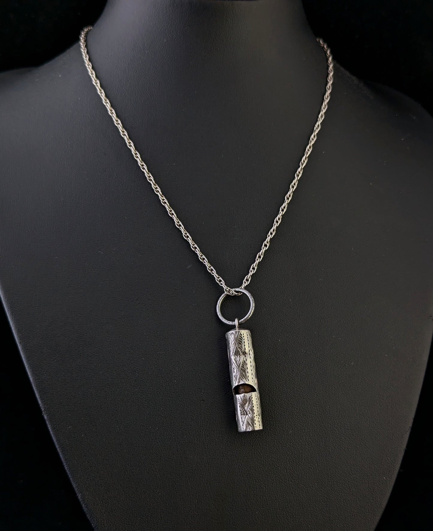 Antique sterling silver whistle pendant, Rope twist chain necklace