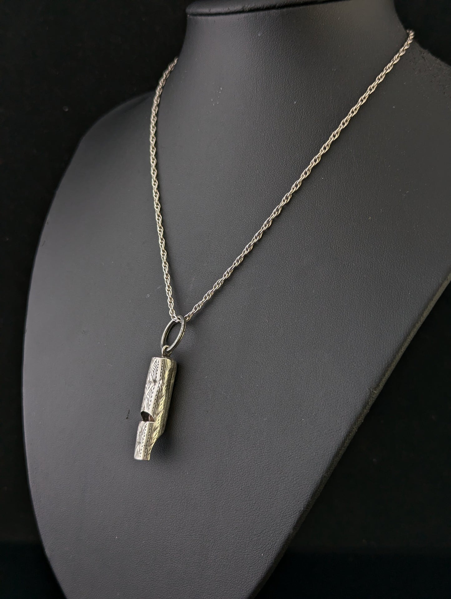 Antique sterling silver whistle pendant, Rope twist chain necklace