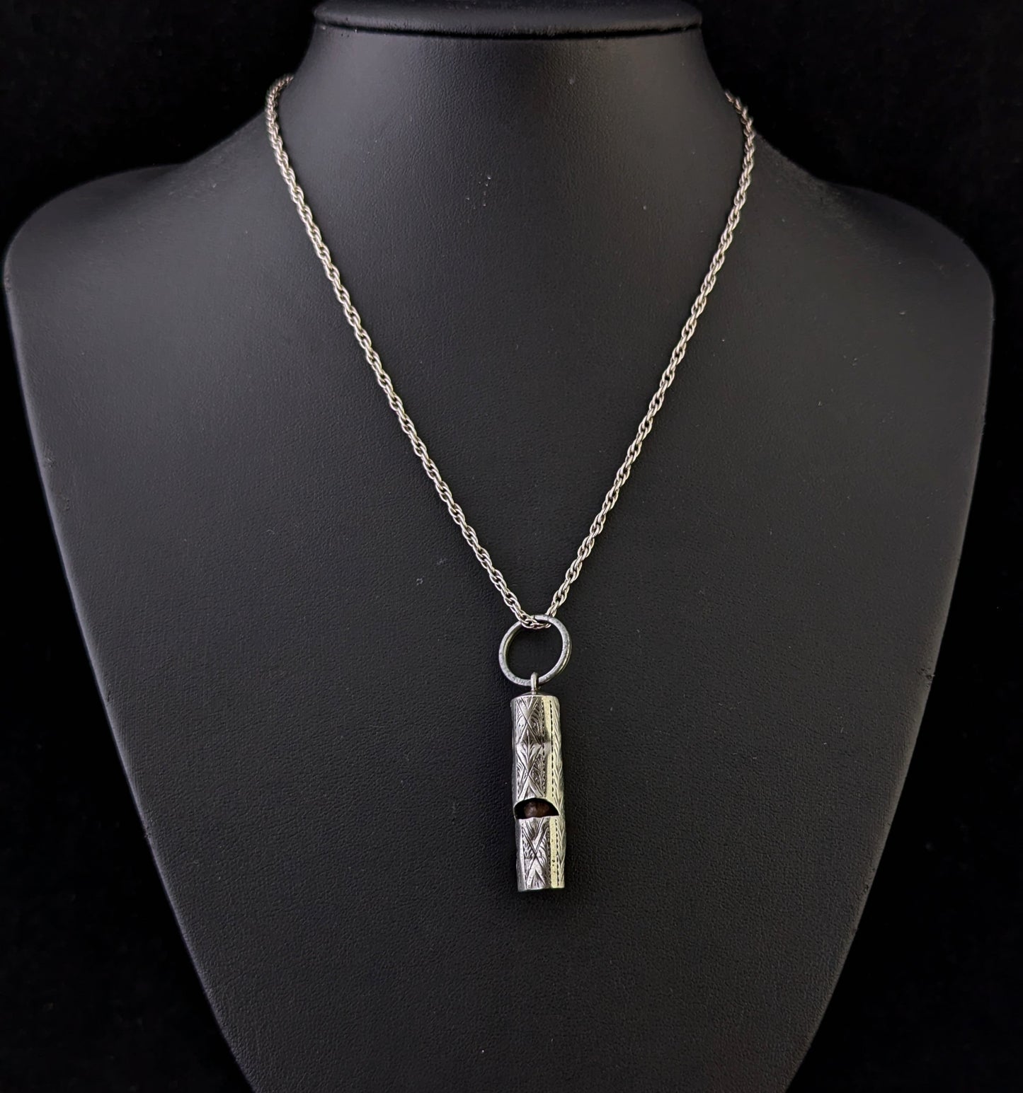 Antique sterling silver whistle pendant, Rope twist chain necklace
