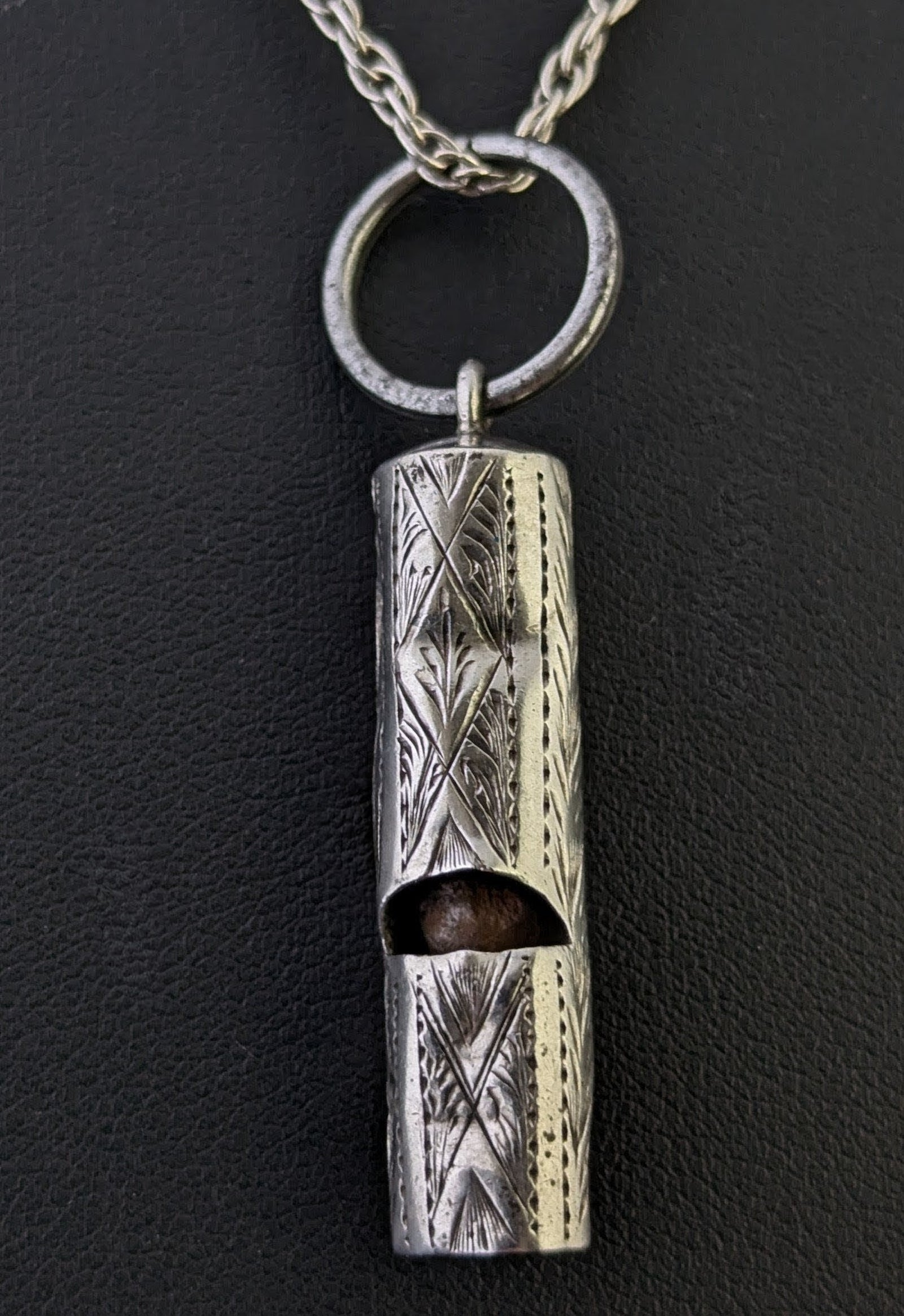 Antique sterling silver whistle pendant, Rope twist chain necklace