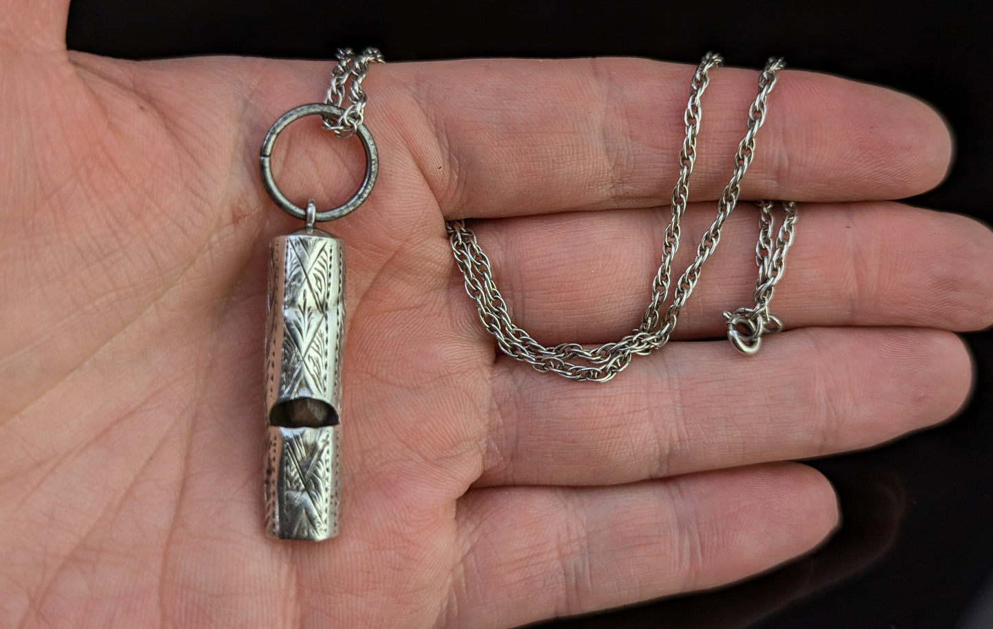Antique sterling silver whistle pendant, Rope twist chain necklace