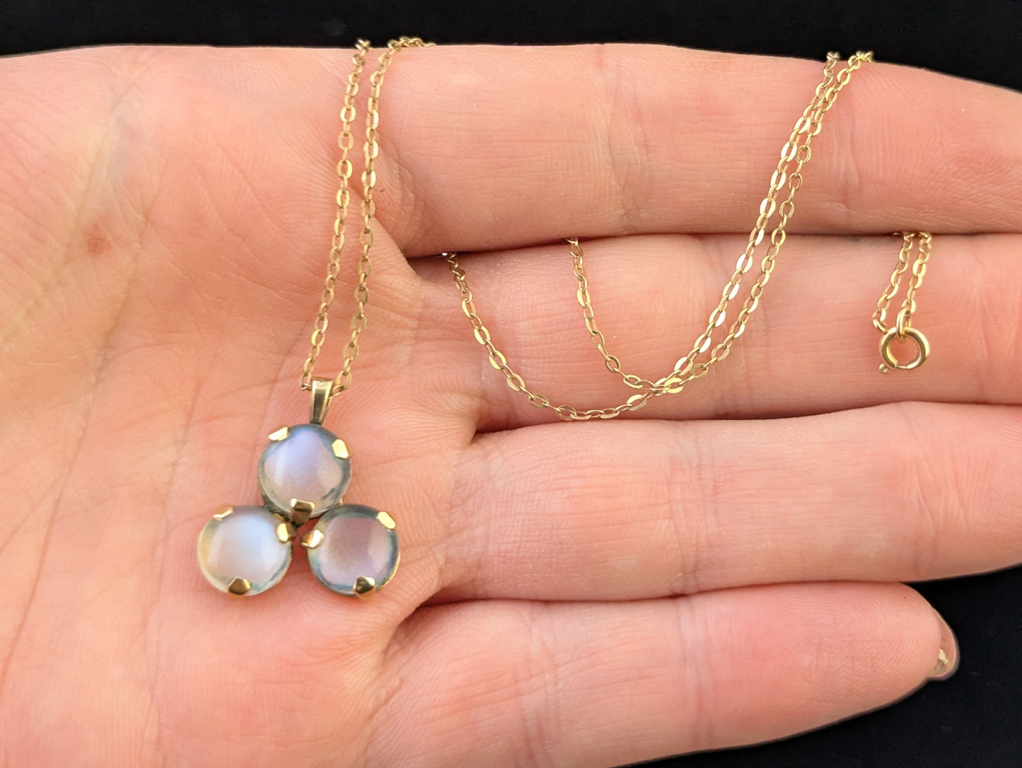 Antique Moonstone trefoil pendant, trace chain necklace, 9ct gold