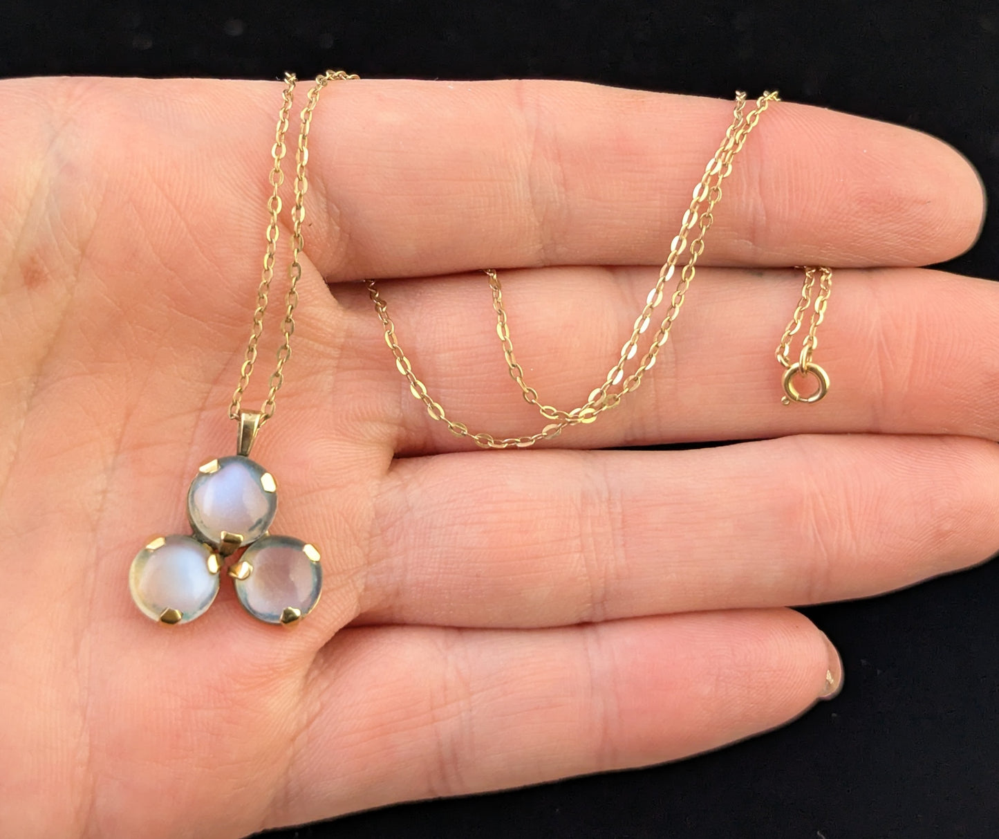 Antique Moonstone trefoil pendant, trace chain necklace, 9ct gold