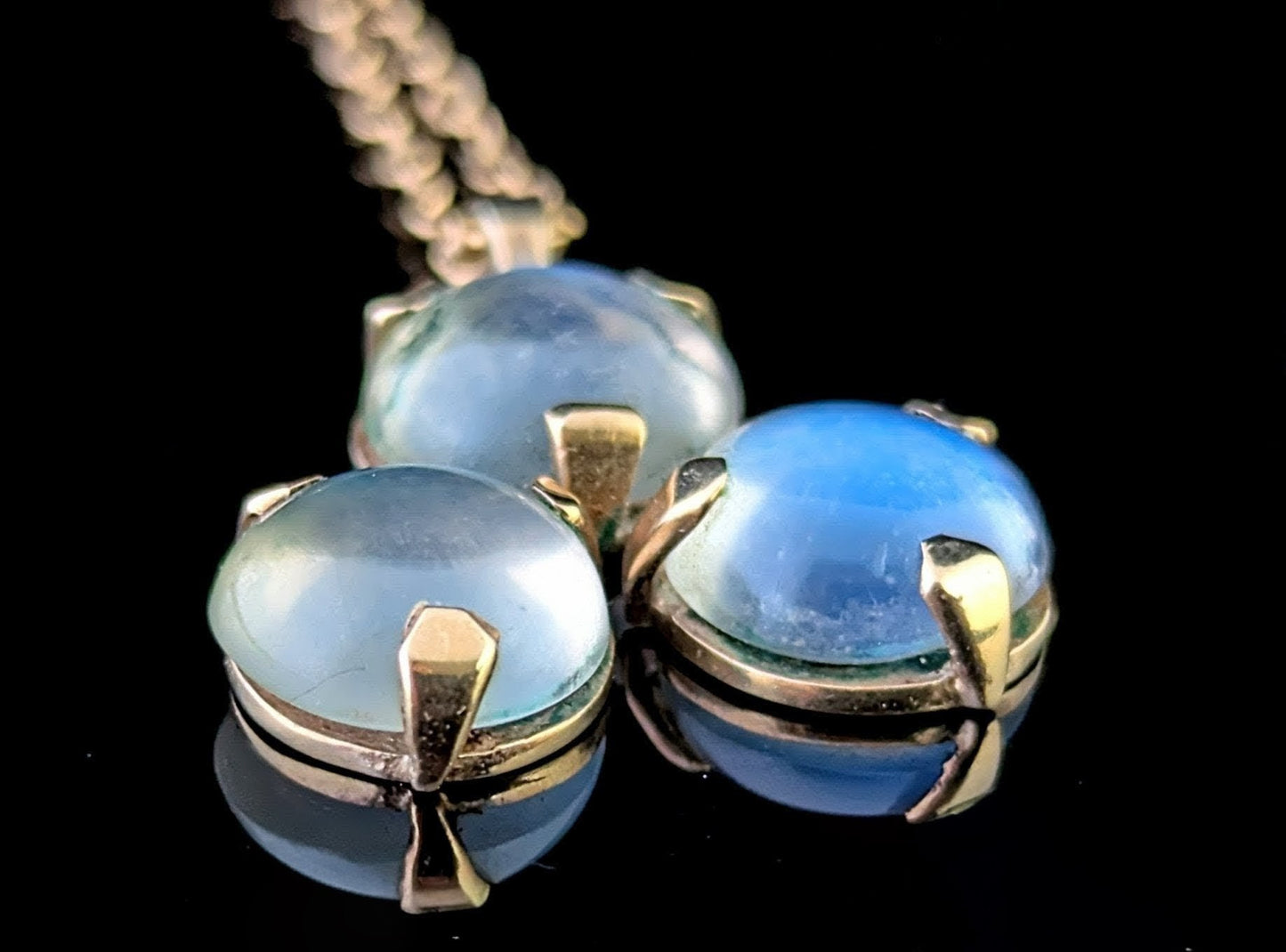 Antique Moonstone trefoil pendant, trace chain necklace, 9ct gold